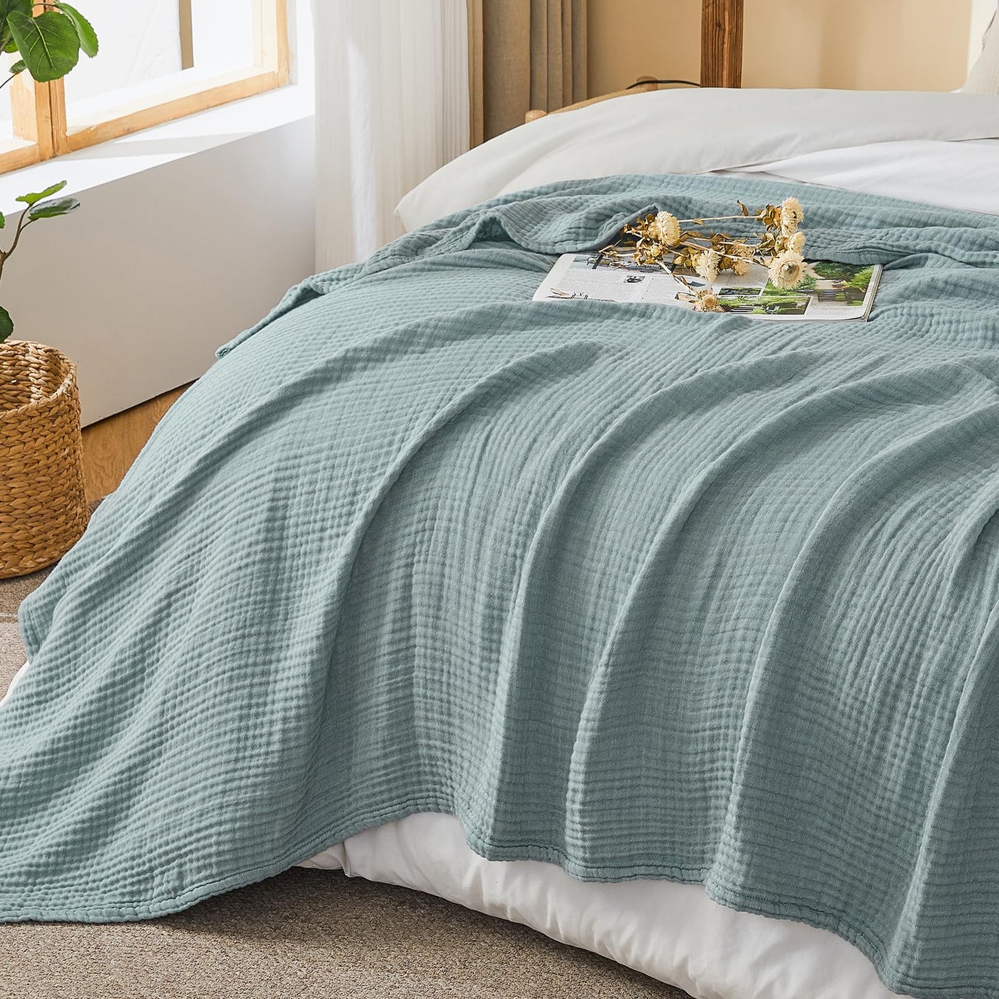 EMME Cotton Muslin Queen Blanket Bed Layering Bedspread Coverlet Breathable Gauze Soft Lightweight (Heather Teal, 90"x90")