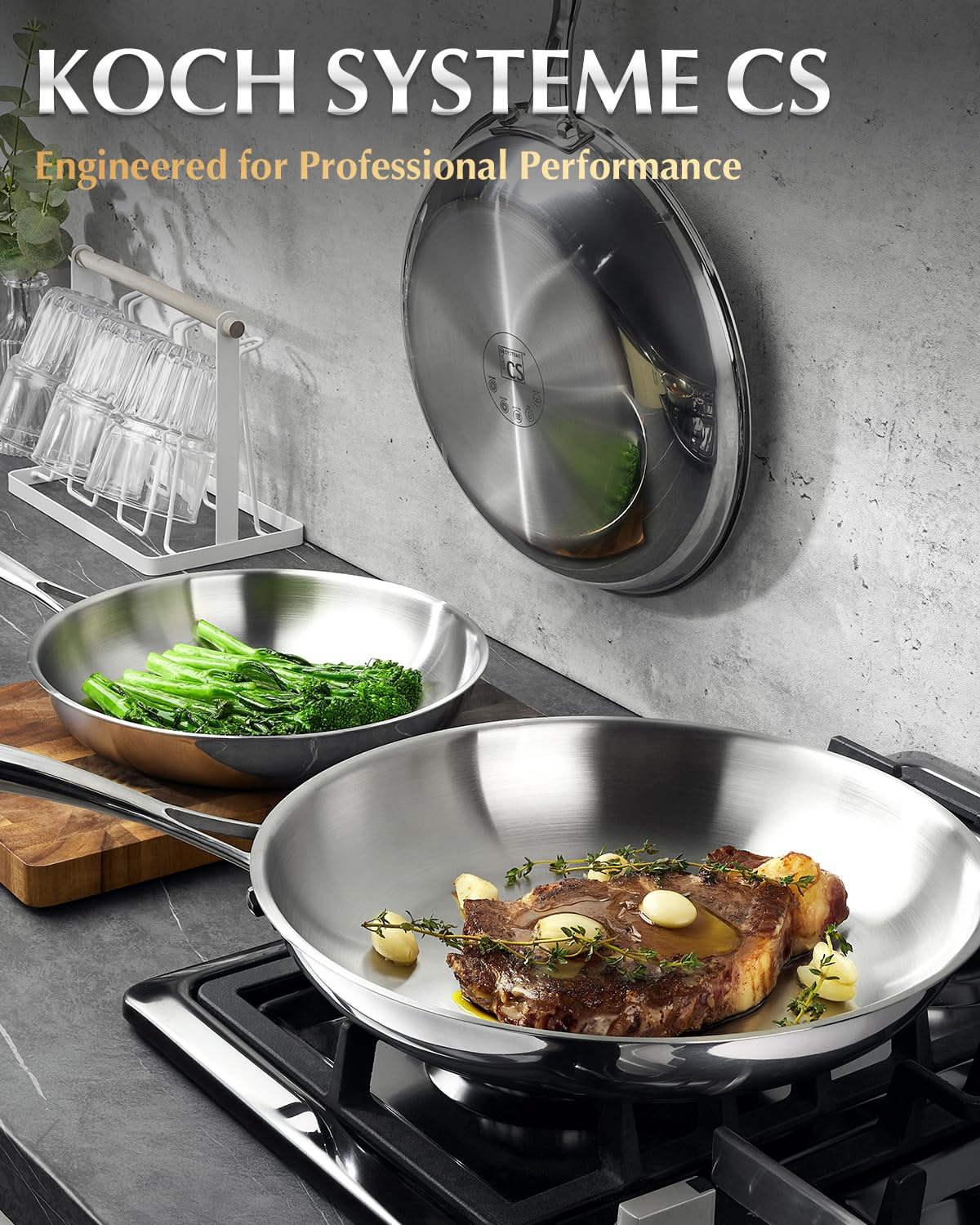KOCH SYSTEME CS Tri-Ply Clad Stainless Steel Pan, Premium 18/10 Stainless Steel Frying Pan, Professional Induction Skillet, Dishwasher & Oven Safe, Non-Toxic (30cm/12in)