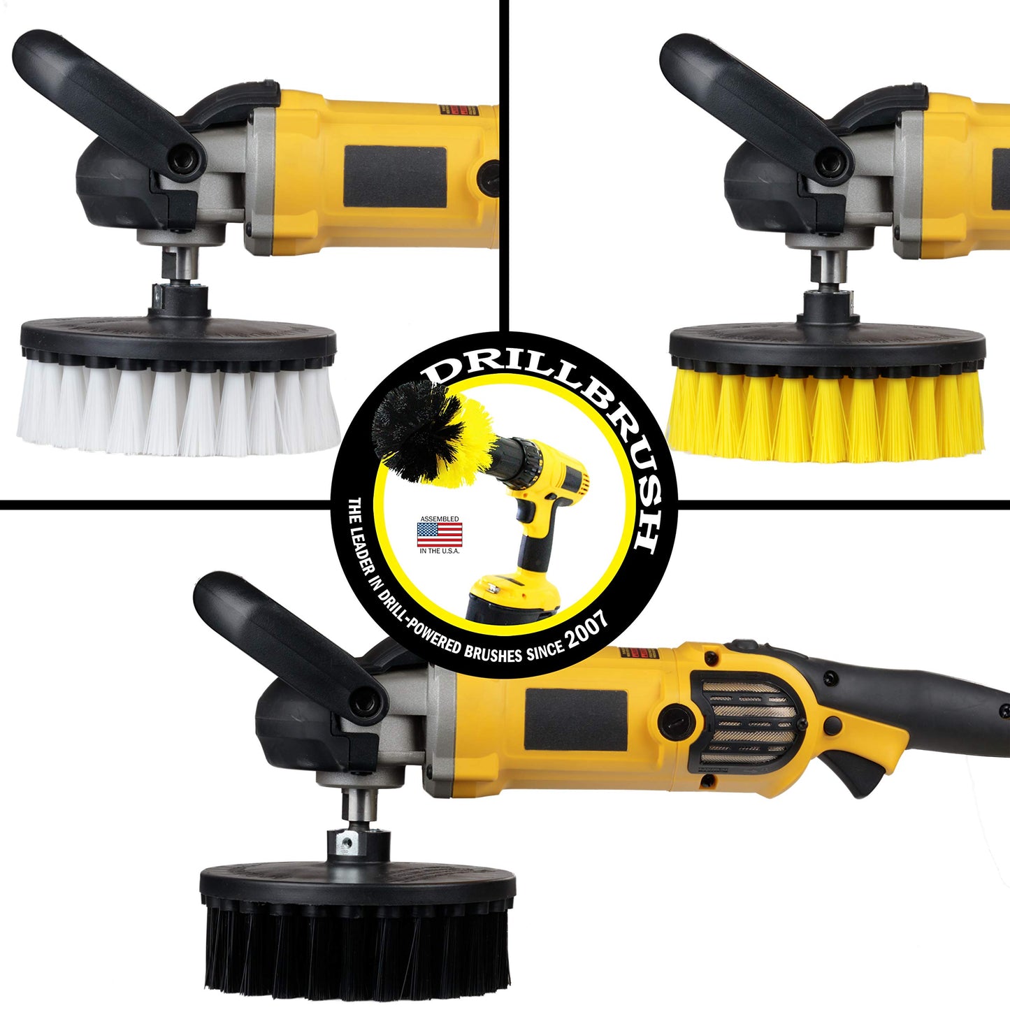 Cleaning Supplies - Floor Cleaner - 7 inch - Soft White - Carpet Cleaner - Medium Yellow - Shower Cleaner - Ultra Stiff Black - Variable Speed - Dual Action - Buffer Polisher - 5/8 x 11 Threaded Hub