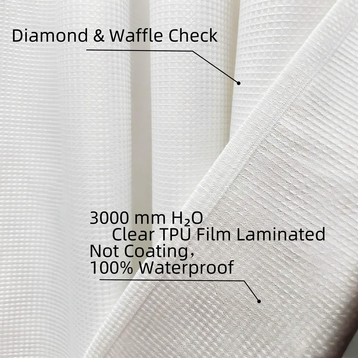 Linerless Waterproof Waffle Weave Fabric Shower Curtain - TPU Laminated Bathroom Curtain with 12 Rustproof Metal Hooks, 100% Water-Resistant & No Liner Needed, Machine Washable, 72x72 inches(White)