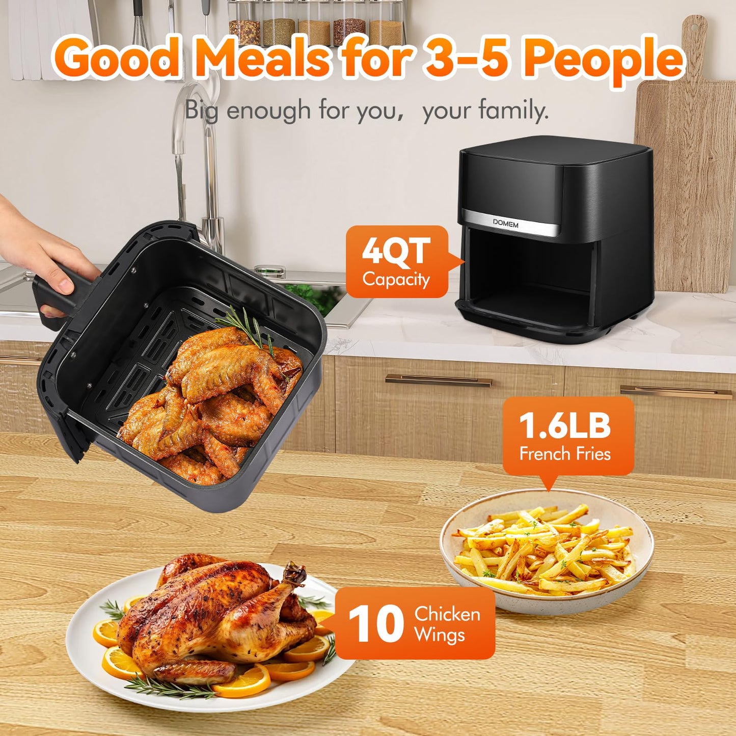 DOMEM Air Fryer 4.2 Qt Oven, 8-in-1 Multicooker with Non-Stick Basket, Air Fryer with Preset Function, Cooker for Healthy and Low-Oil Meals, Convenient Operation
