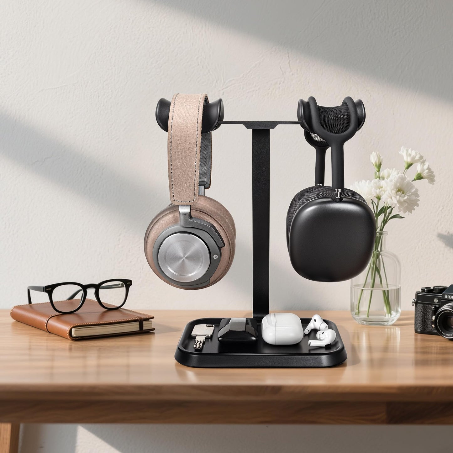 Dual Headphone Stand, Double Balanced Headset Stand with Storage Tray, Heavy Base Gaming Headset Holder for Desk (Black)