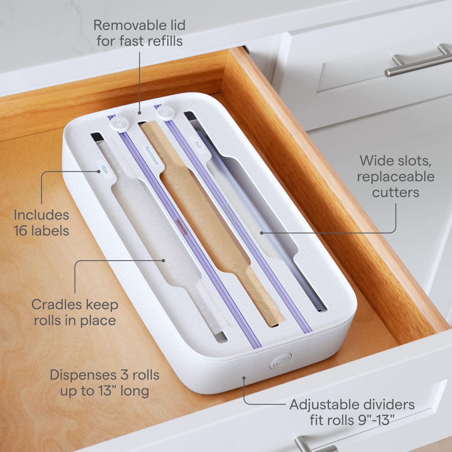 YouCopia StoraRoll Wrap Dispenser 3-in-1, Drawer Organizer for Foil, Plastic Wrap, Parchment and Wax Paper with Safety Cutters and Labels for Kitchen Organization
