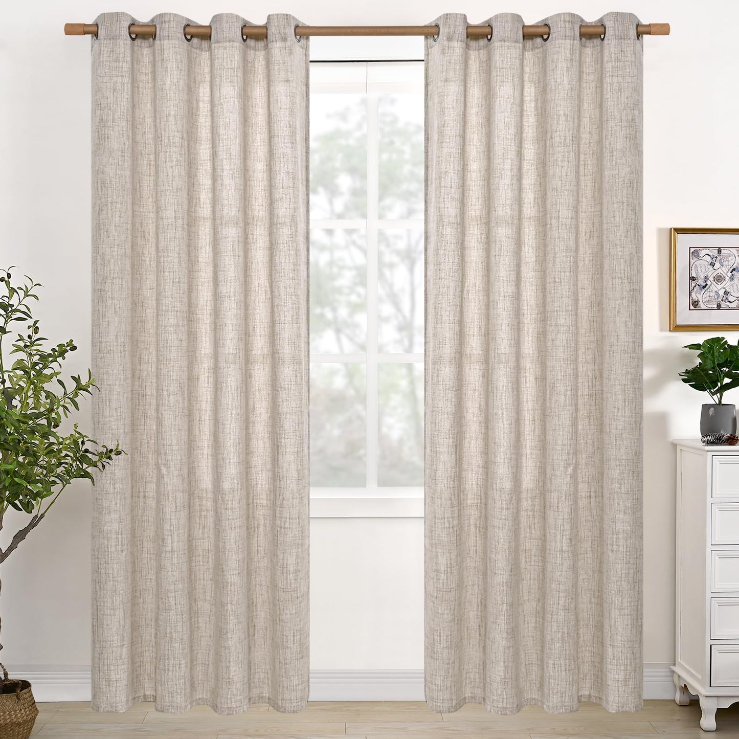 YoungsTex Natural Linen Curtains 84 Inch Long for Living Room Bedroom Grommet Top Light Filtering Privacy Linen Textured Window Semi Sheer Drapes, 2 Panels, 52x84 Inch, Natural