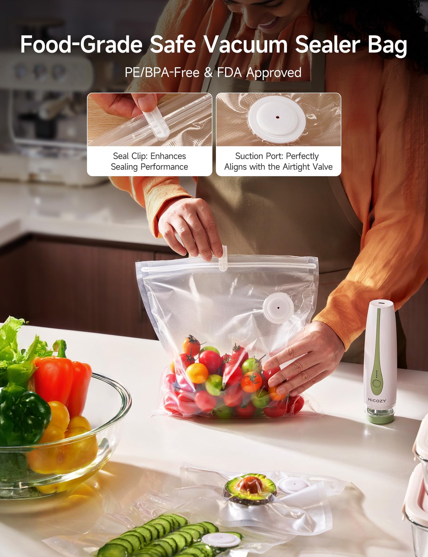 HiCOZY Vacuum Sealer Sync for Food with Visible Water Tank, Powerful Compact Handheld Vacuum Sealer Machine with LED Battery Display, 30 BPA-Free and Reusable Bags