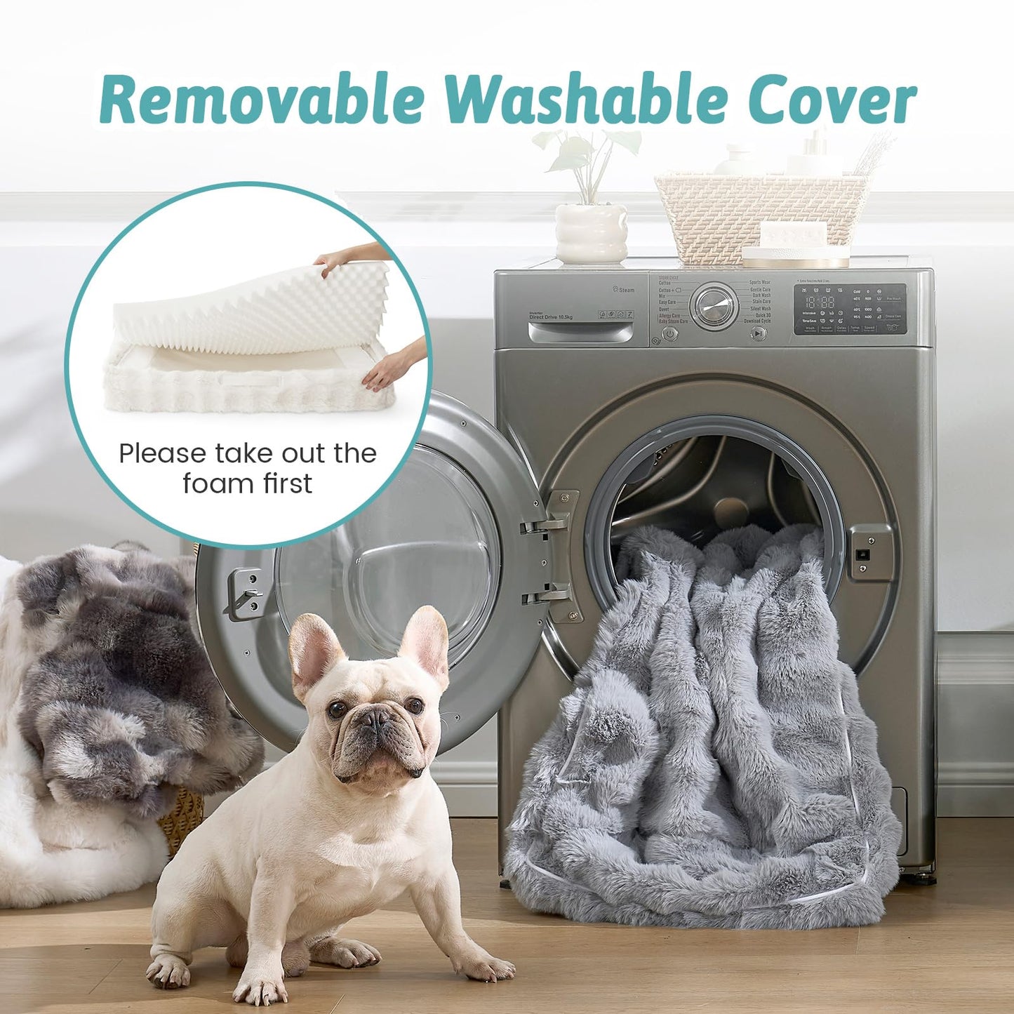 COZY KISS Orthopedic Dog Bed for Medium Small Size Dog, Soft and Warm Faux Fur Sofa for Pet Up to 40 lbs, Foam Bolster Anti-Slip Couch with Washable Removable Cover, M 30x20x6.5 inch, Beige