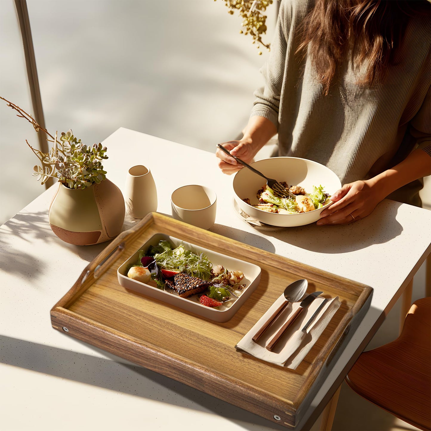 Utoplike Acacia Bed Table Tray for Food Serving, Breakfast Trays for Eating in Bed, Wooden Foldable Serving Table for Sofa