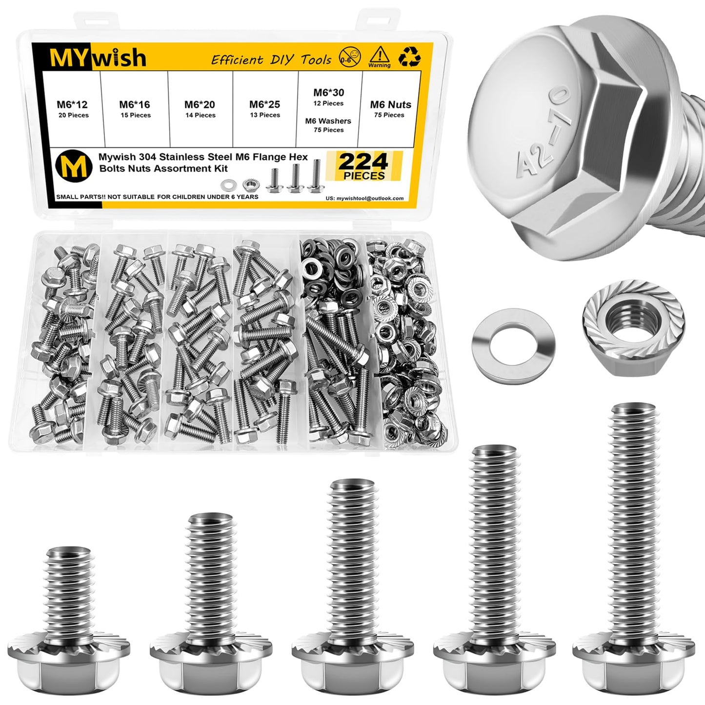 M6 Bolt, 224Pcs M6 x 12/16/20/25/30mm, M6x1.0 Bolt, Flanged Hex Head Bolts with Flange Nuts Washers, 304 Stainless Steel Screws, Metric Assortment, DIN 6921 by Mywish