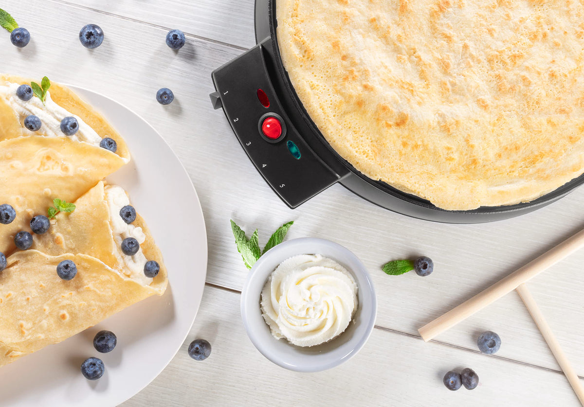 Crepe Maker and Non-Stick 12" Griddle- Electric Crepe Pan with Spreader and Recipes Included- Also use for Blintzes, Eggs, Pancakes and More