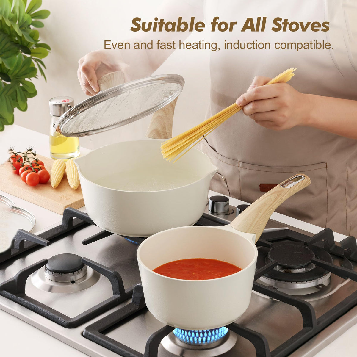 SENSARTE Ceramic Nonstick Sauce Pan with Lid, 1.5 Quart Small Saucepan, White Cooking Pot with Stay Cool Handle, Non Toxic Kitchen Sauce Pot, Non Stick Saucier Pan, Induction Pot, PFOA PTFE PFAS Free