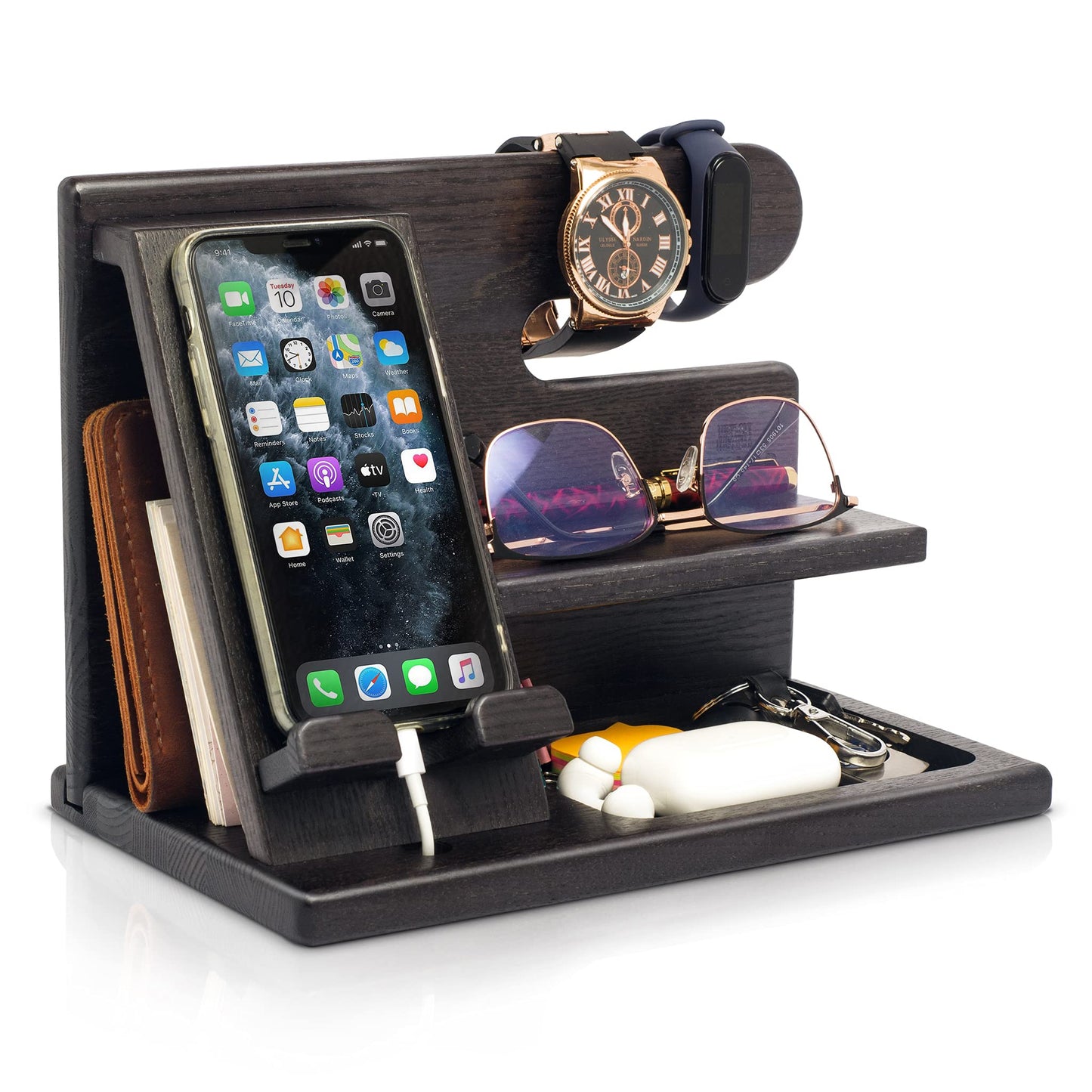 TESLYAR Gifts for Men – Wood Phone Docking Station, Nightstand Desk Organizer, Fathers Gift, Gifts for Dad or for Him, Birthday, Anniversary, Xmas Mens Gift Ideas, Wallet Holder (Fumed Black)