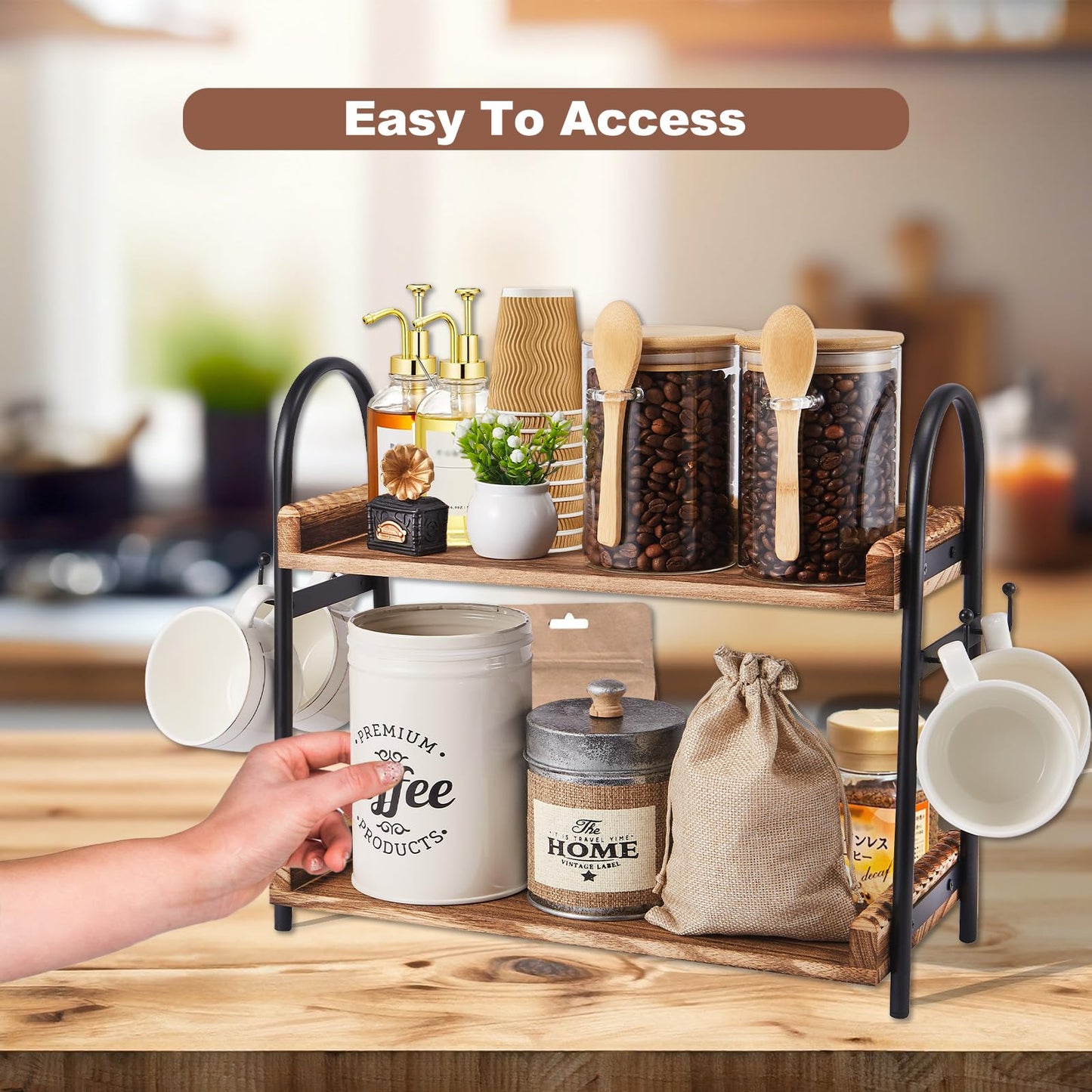 Coffee Bar Accessories, 2-Tier Coffee Bar Organizer with 4 Coffee Cup Holder Hooks, MUL-tifunctional Wooden Beaded Coffee Station Countertop Stand Shelf for Kitchen Home Office