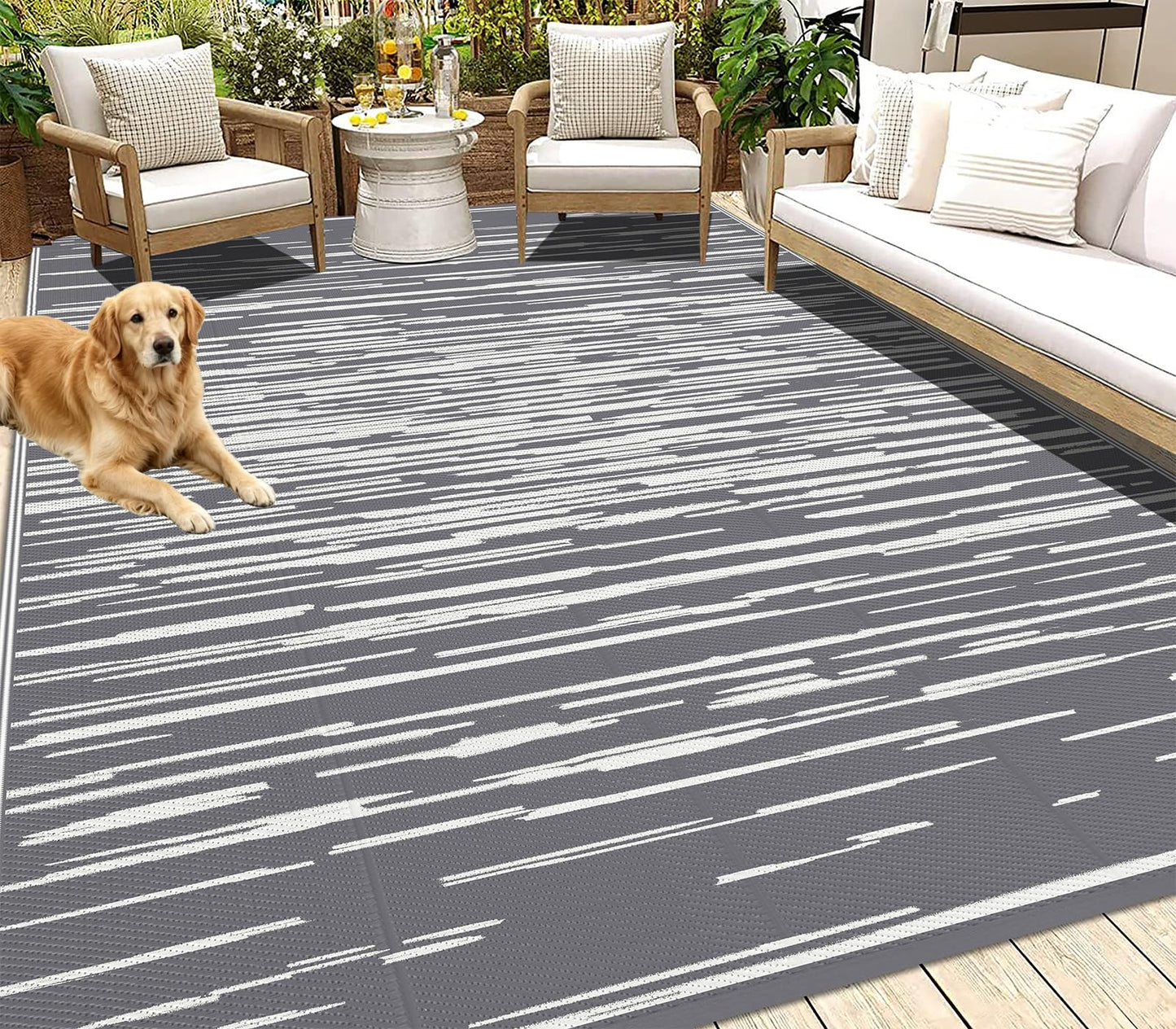 HEBE Outdoor Rug 6x9 ft Reversible Outdoor Area Rug Waterproof Patio Rug Mat Portable RV Camping Rug Modern Abstract Plastic Straw Carpet for Picnic Beach Balcony Pool Deck, Grey