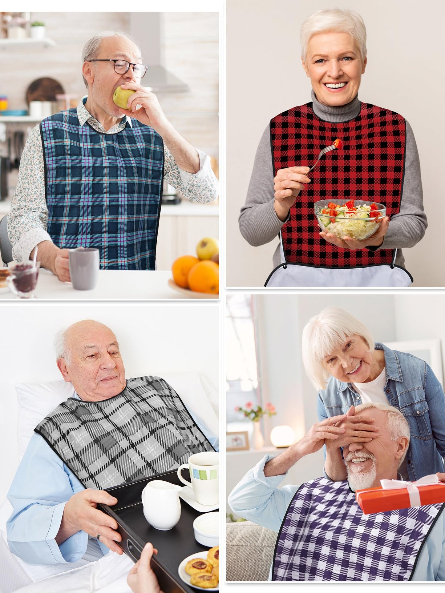 10 Pcs Adult Bib for Eating Washable Waterproof Clothing Protector with Crumb Catcher Reusable Large Bibs for Men Elderly Women Senior, Assorted Plaid Patterns