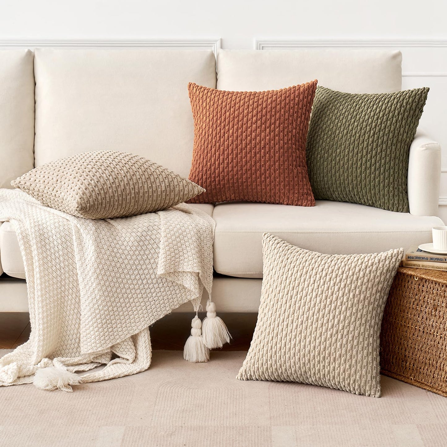 MIULEE Pack of 4 Rust-Olive Green Throw Pillow Covers 18x18 Inch Soft Corduroy Decorative Boho Striped Pillow Covers Pillowcases Modern Farmhouse Home Decor for Couch Bed Sofa Living Room