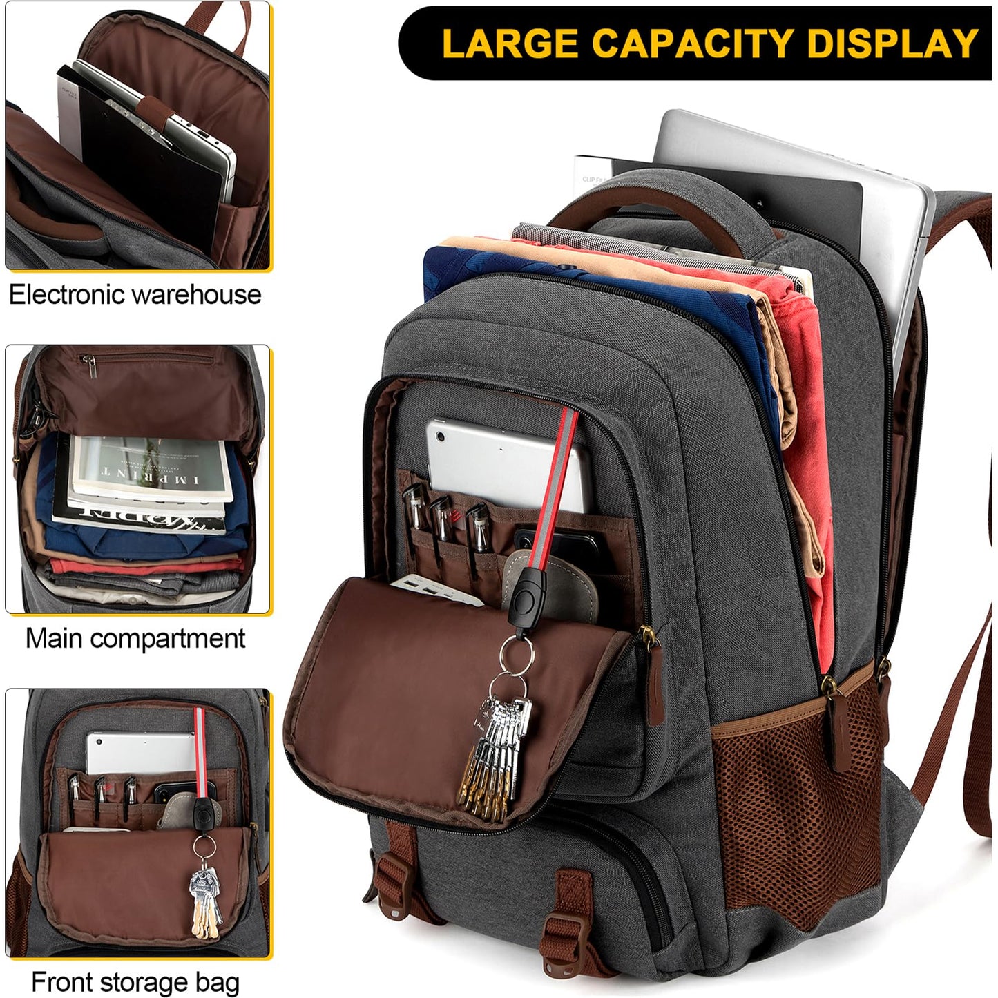 Tzowla Canvas Laptop Backpack Men,Bag for Women,School Travel College Work Rucksack Fits 15.6 Inch Laptop,Bookbag with USB Charging Port,Dark Grey