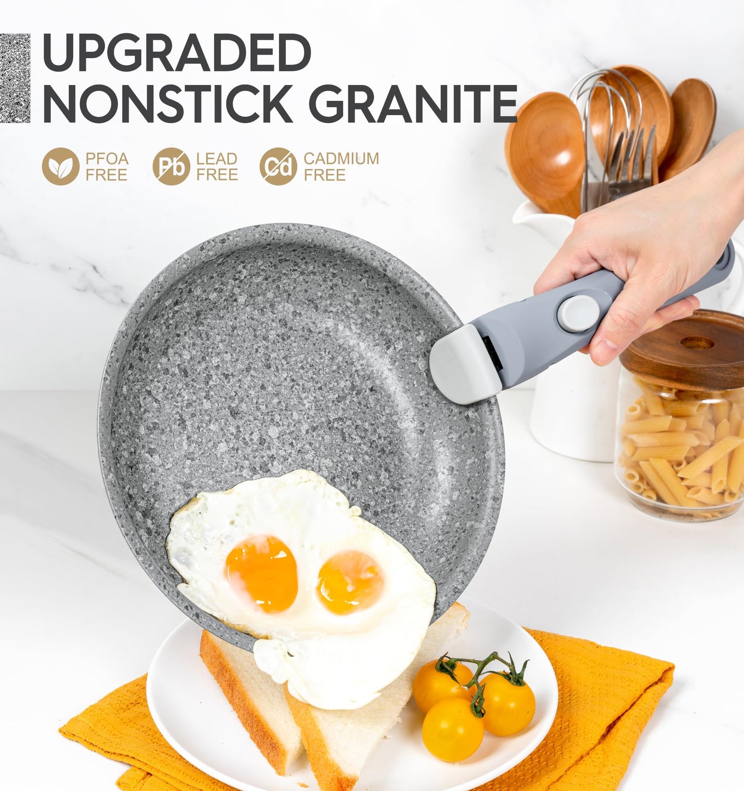 MICHELANGELO Nonstick Frying Pan Set, 8" 9.5" and 11" Fry Pans with Removable Handle, Ultra Non Stick Granite Coating Skillet, Induction Pans with Detachable Handle for Cooking & RV Camping, Gray