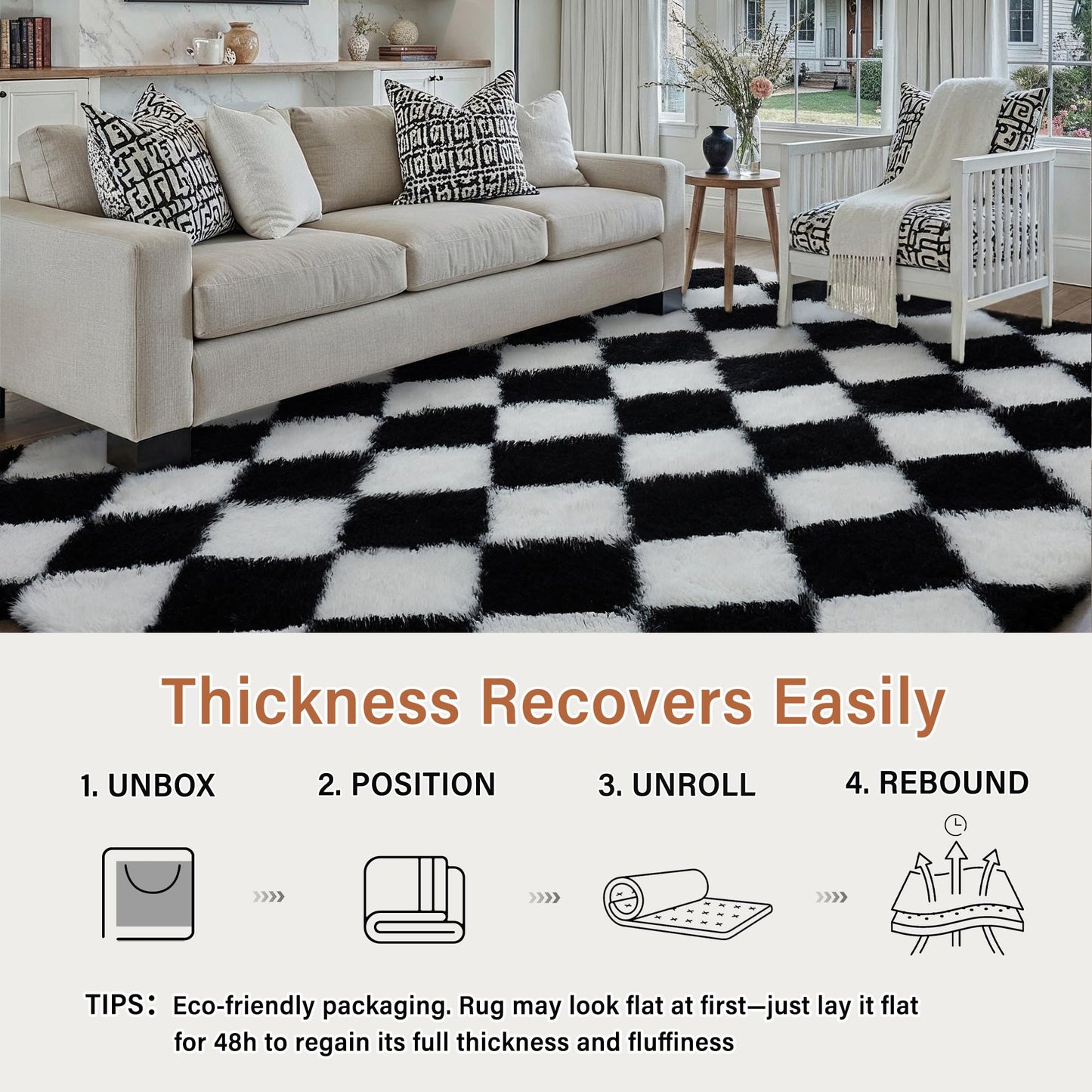PureCozy 5x8 Black and White Checkered Rugs for Living Room Soft Modern Fluffy Shag Area Rug Washable Fuzzy Carpets Thickened Felt Bedroom Plaid Tapis Salon Plush Rug Nursery Home Dorm Aesthetic Decor