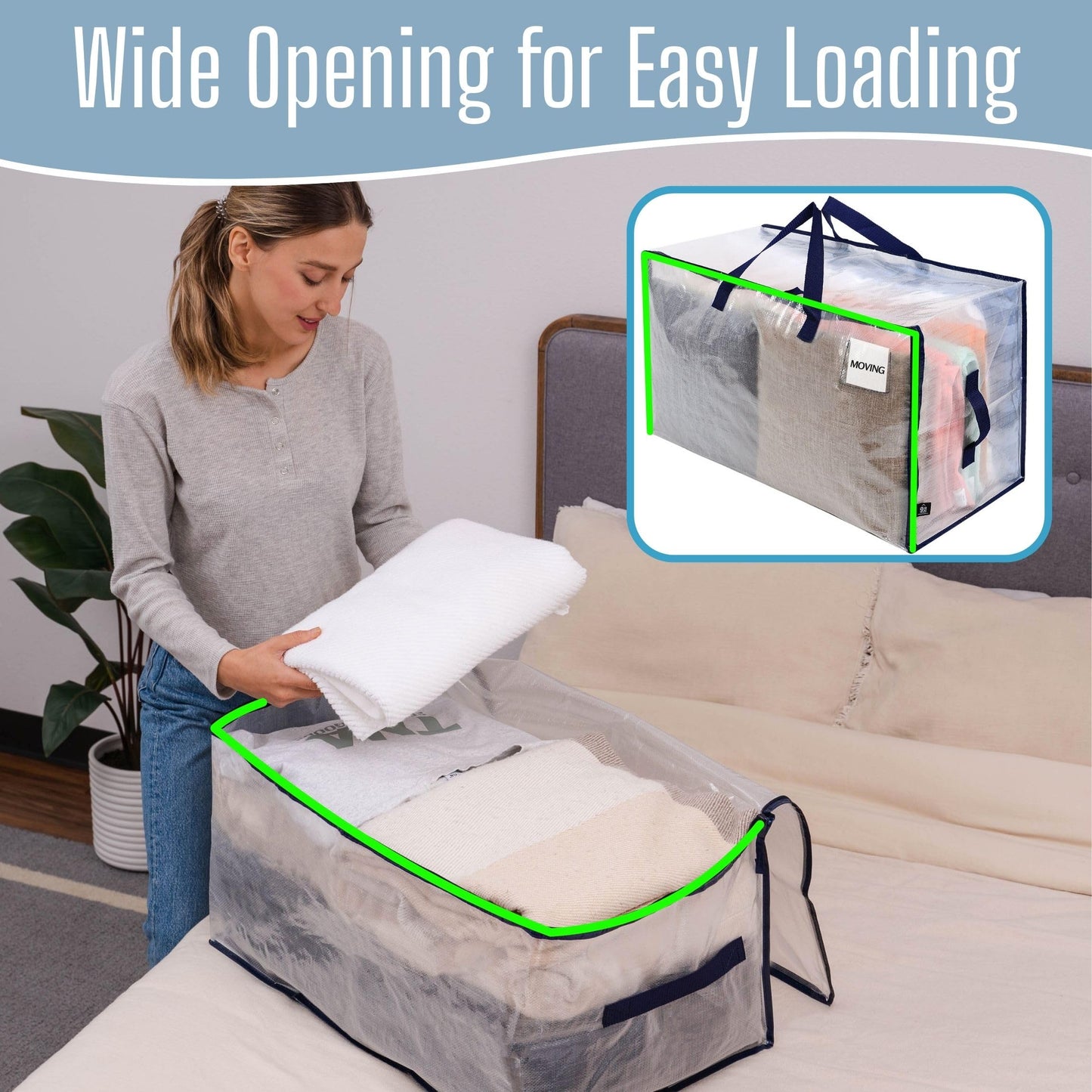 VENO Heavy Duty Extra Large Foldable Storage Bags with Zippers & Carrying Handles, Storage Containers Organizer Tote, Moving Boxes for College Dorm, Travel, Camping, Reusable (Clear, 4 Pack)