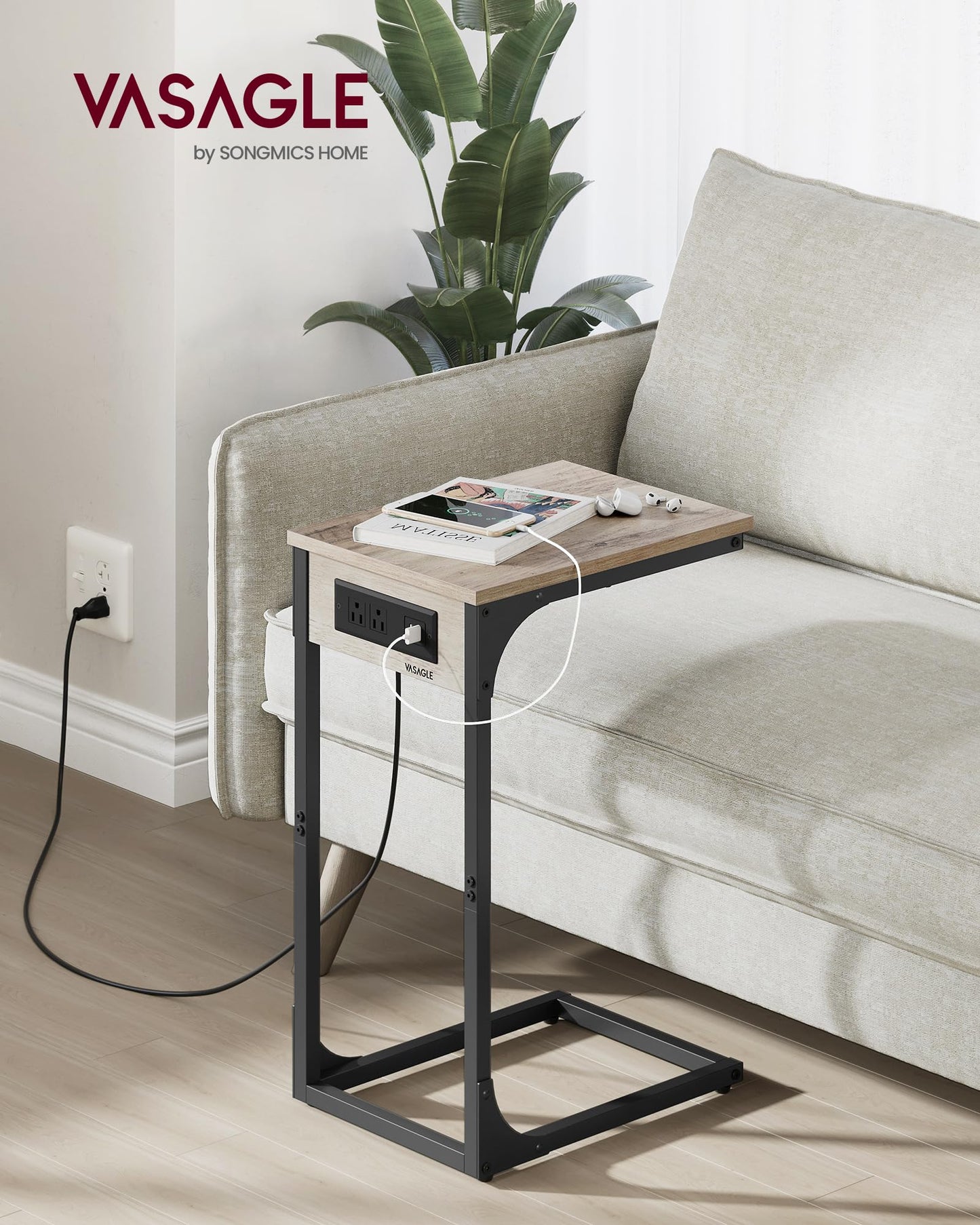 VASAGLE C-Shaped End Table for Couch, Sofa Side Table with Charging Station, Metal Frame, for Living Room, Bedroom, Heather Greige and Ink Black ULET362K02