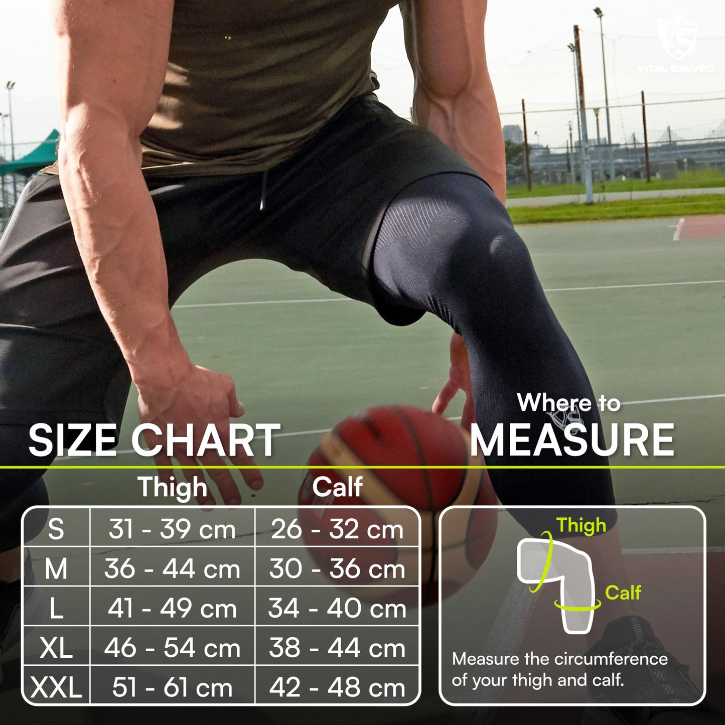 Vital Salveo-Sports and Outdoor Compression Long Knee Sleeves Support- Germanium Recovery Running, Basketball (1 Pair) XX-Large