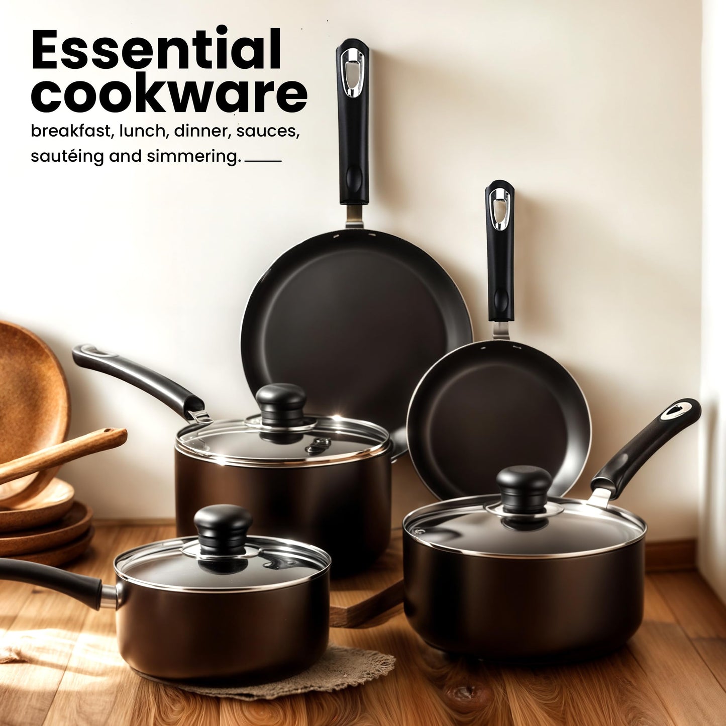 KICHLY Pots and Pans Set Non Stick 5pcs Cookware Set, Induction Frying Pans 20cm, 28cm, Saucepan with Lids 20cm, 18cm, Non Induction Saucepan 16cm, Dishwasher and Oven Safe Pots Set, Black