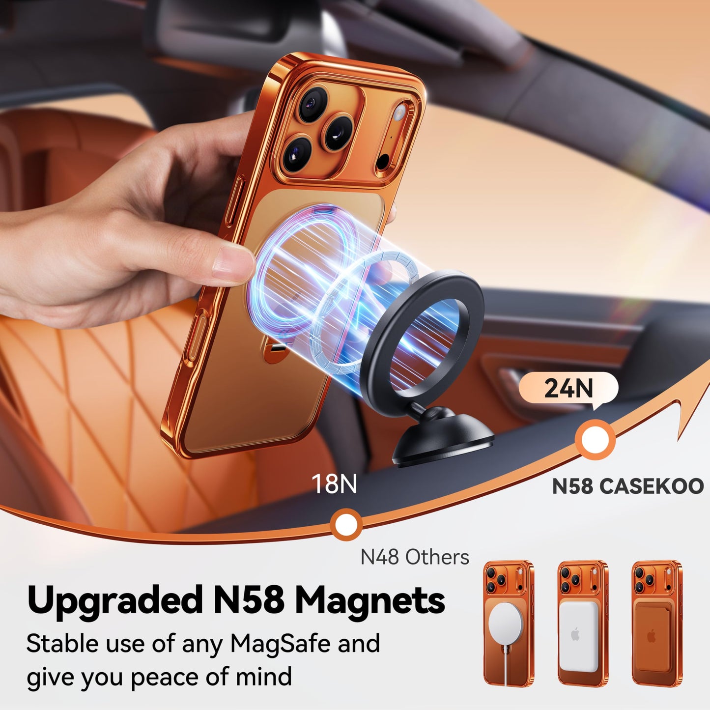 CASEKOO Cosmic Orange for iPhone 17 Pro Case with 360° Spin Magnetic Stand [Fit for MagSafe][17FT Military Protection] Slim Polished for iPhone 17 Pro Case with Stand 6.3'', Cosmic Orange