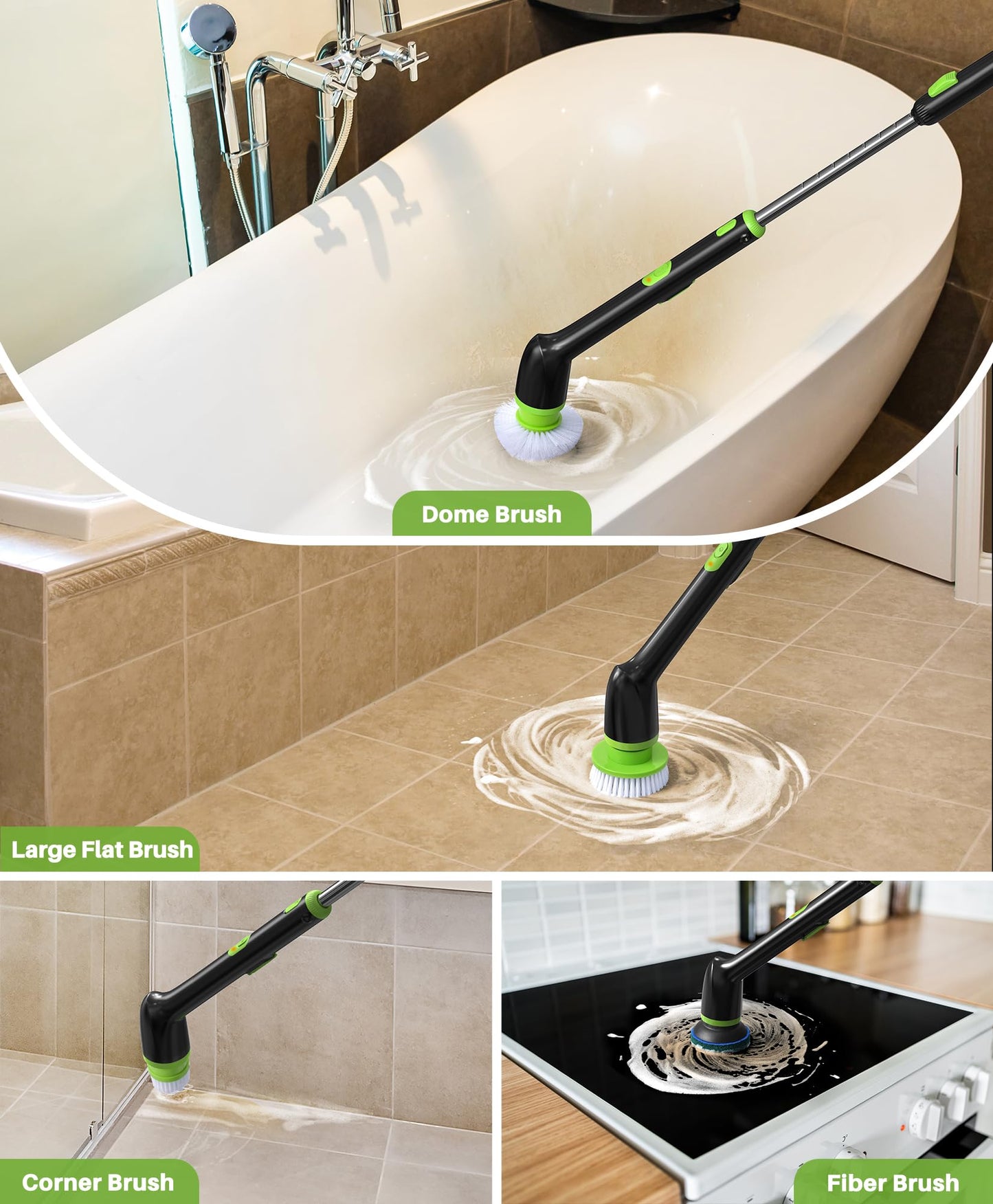 LyriFine Cordless Electric Spin Scrubber, 7 in 1 Shower Cleaner for More Use, Dual Speed & Detachable Long Handle, Electric Scrubber Cleaning, Waterproof Bathroom Scrubber Tub Tile Floor - Green