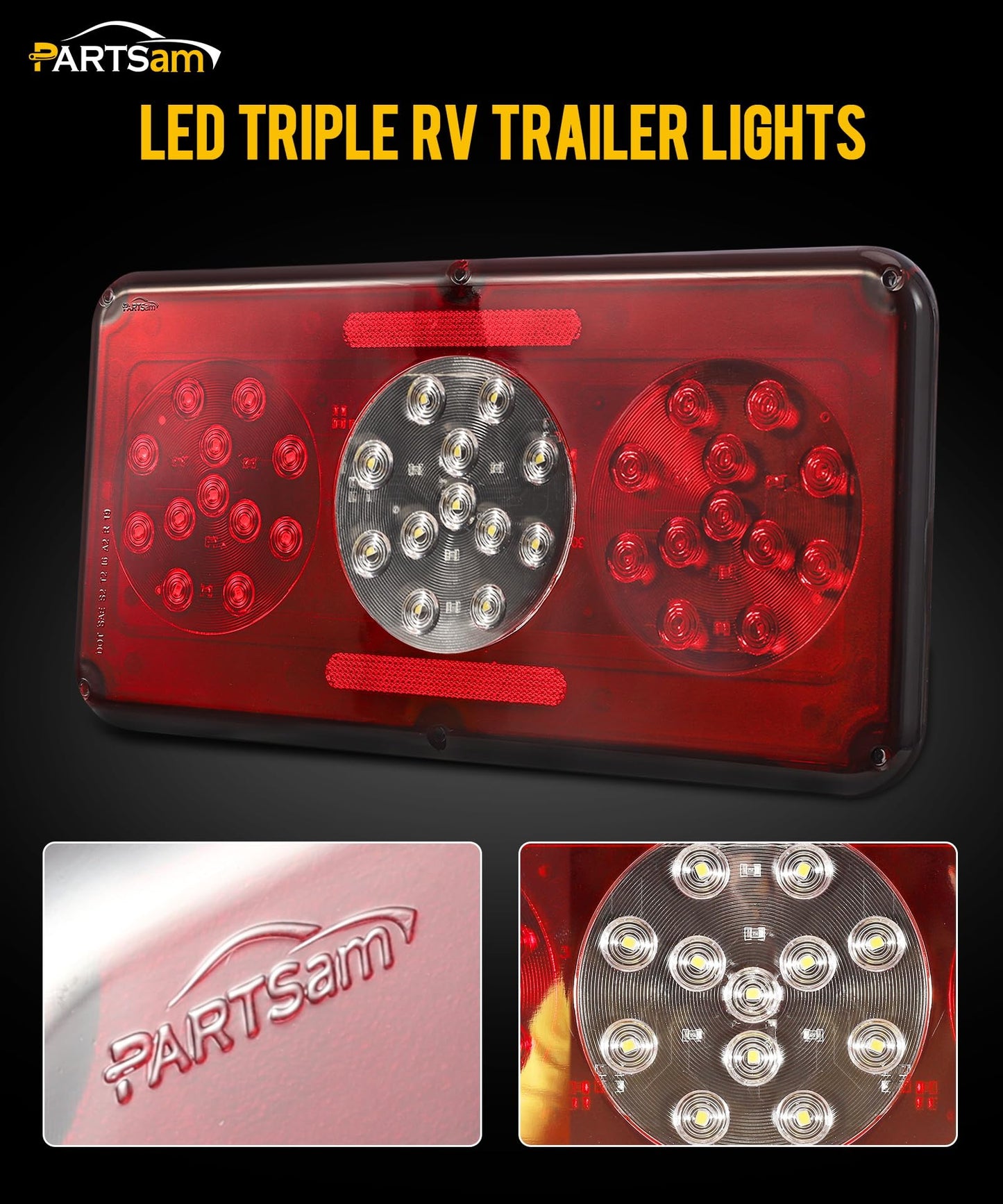 Partsam Rectangular Triple LED Trailer Tail Light Red RV Camper Motorhome Stop Turn Tail Backup Reverse Lights Vertical and Horizontal Mount