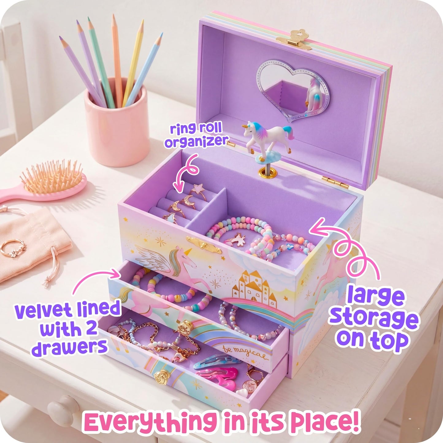 Musical Unicorn Jewelry Box for Girls - Kids Music Box, Unicorn Birthday Gifts for Little Girls, Jewelry Boxes, 6.8 x 5.3 x 6 in - Ages 3-10
