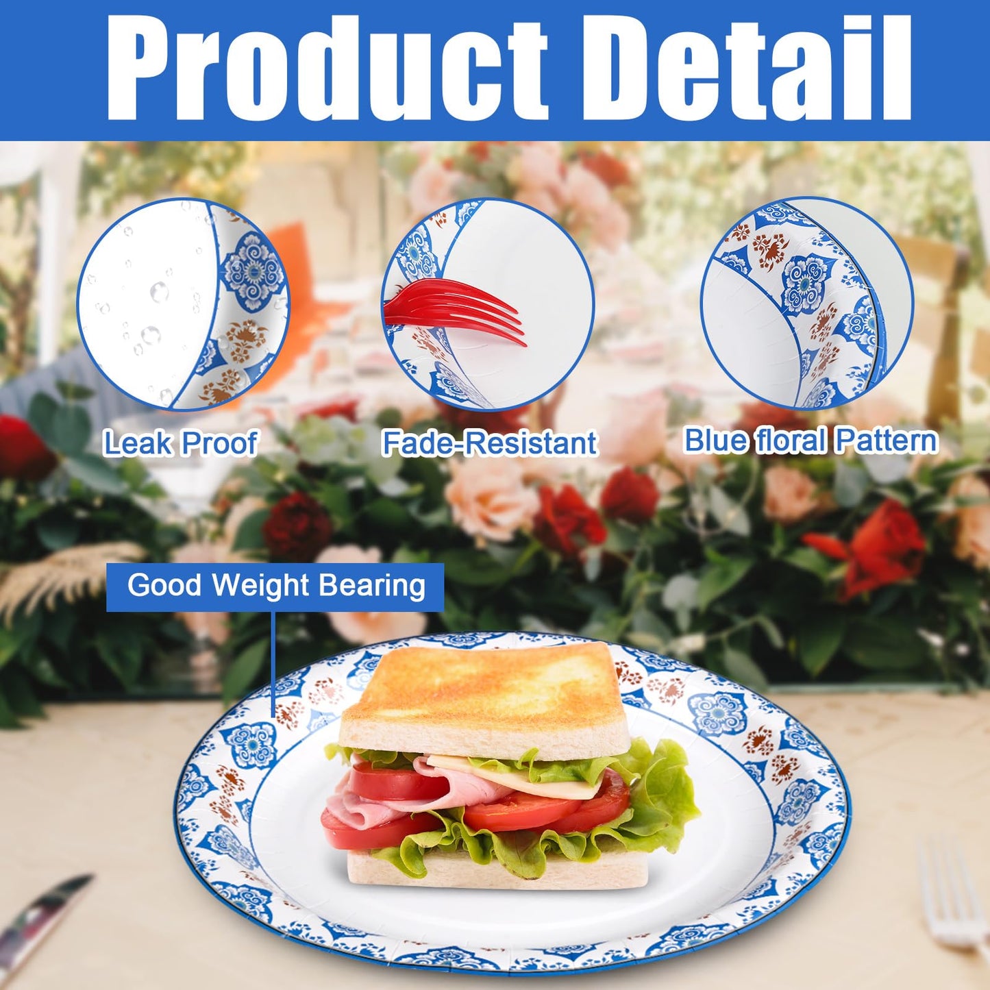 EggSun 50Pcs Blue Floral Oval Plates 10"x 12", Large Disposable Paper Plates, Heavy Duty Flower Plate Tableware for Family Gathering, Dinner Time, Birthday, Wedding, Holiday Party Serving Supplies
