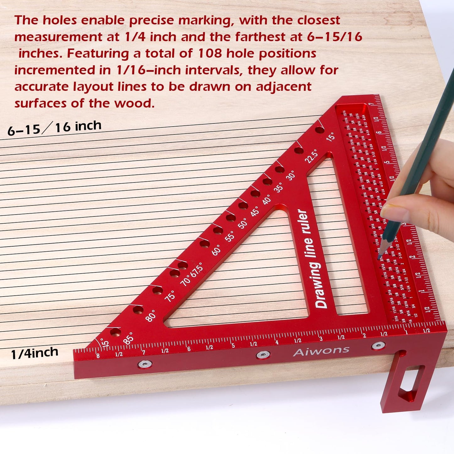 Aiwons 8.5 inch 3D Multi-Angle Measuring Ruler -Large Precision Woodworking 3D Square Protractor 15-90 Degree and Miter Triangle - Aluminum Alloy Drawing Line Ruler for Engineer Carpenter Red
