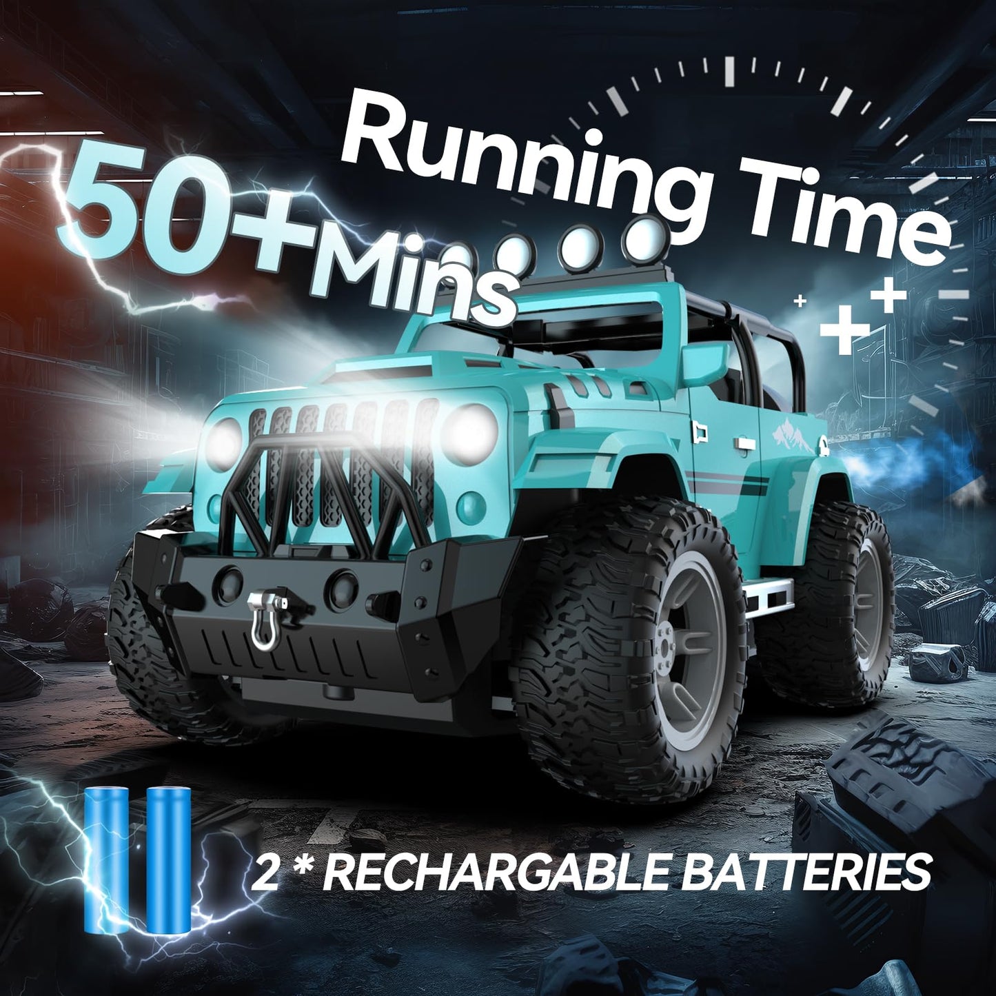 DEERC Jeep RC Car W/Spray Function, Remote Control Car W/Fog Mist, 1:16 Off-Road Truck W/ 2 Batteries, LED Lights& Sound, 50+ Min Play, 2.4Ghz All Terrain SUV Electric Vehicle Toy for Boys Adults