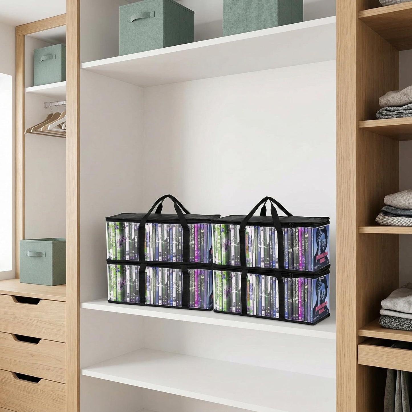 Fasmov 6 Pack DVD Storage Bags, Black, PVC & Polyester, Holds 240 DVDs (40 Each), Water Resistant, Easy Access, Reusable, 22" x 8.375" x 6.25" (L x W x H), Indoor Use, Media Storage