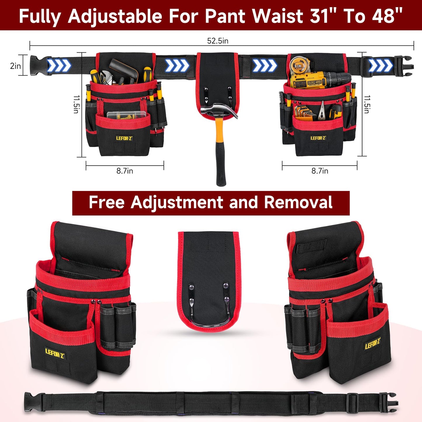 Tool Belt,Magnetic Tool Pouch,27-Pockets Heavy Duty Padded Tool Belts for Men,Detachable & Adjustable Tool Pouch Bag for Electrician,Carpenter,Construction,Work Apron,Utility Belt,Black,Red