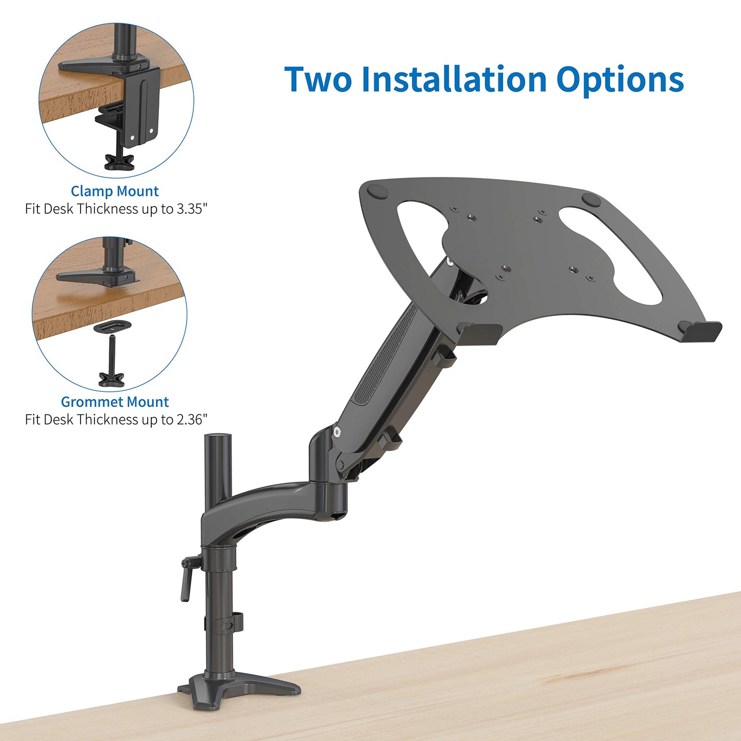 SHOPPINGALL Fully Adjustable Single Gas Spring Laptop Mount Stand for Laptops Up to 17", Both Desk clamp and Grommet mounting - SA-GM112D+D15-Black