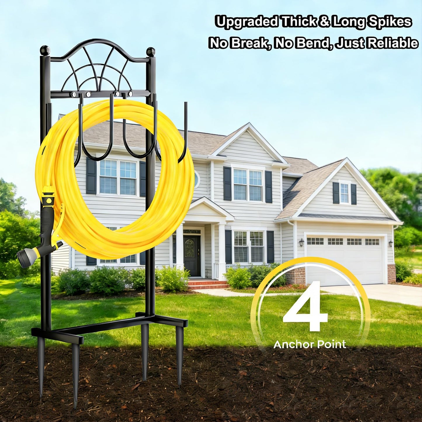 Hose Holder, 4-Anchor Base Metal Freestanding Garden Hose Reel for Ultimate Stability, Water Hose Storage Stand for 100FT Hoses,Yard & Garden，Black