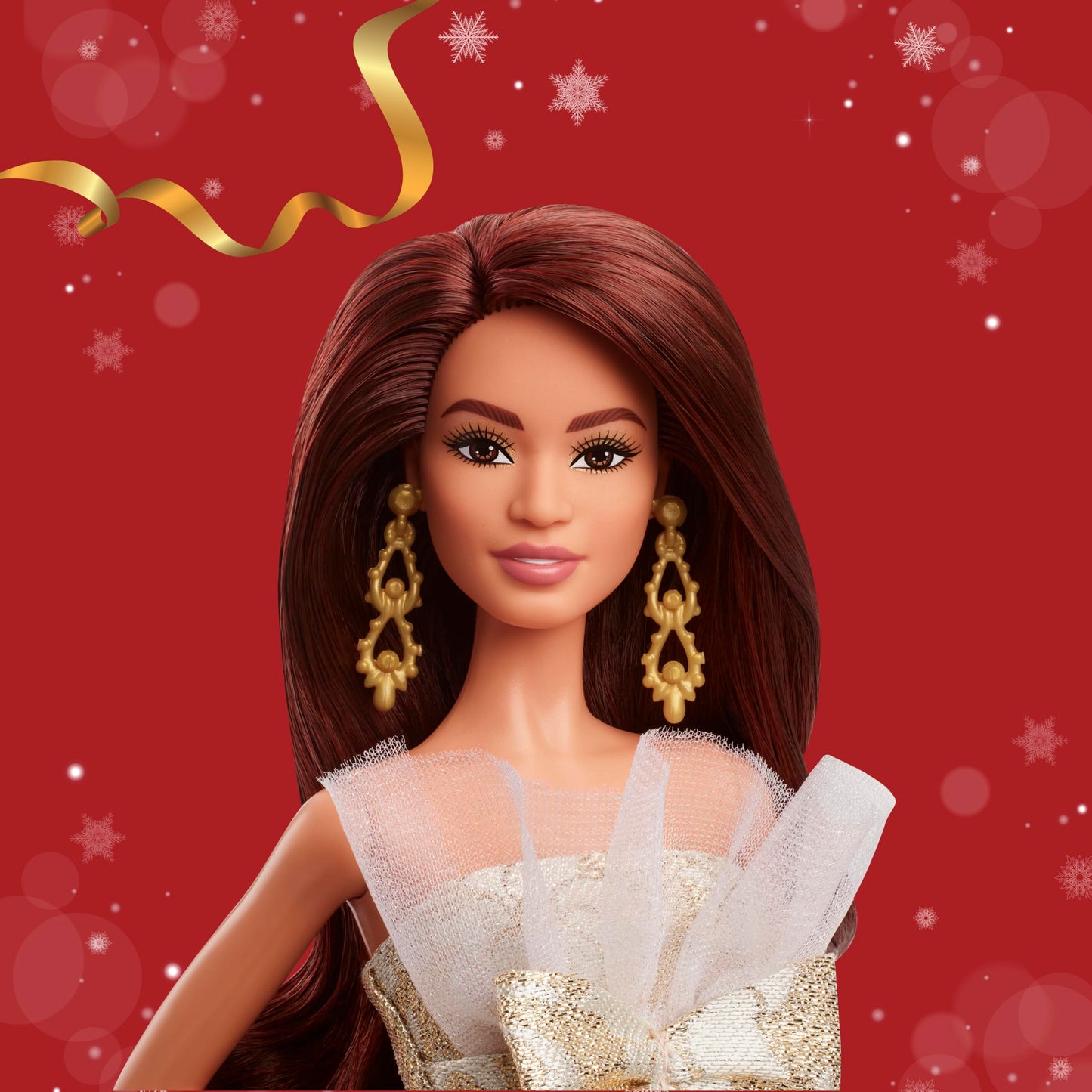 Barbie Signature Doll, 2025 Holiday Barbie Dark Brown Hair Fashion Doll Wearing Silver & Gold Gown, Seasonal Collector in Displayable Packaging & Stand