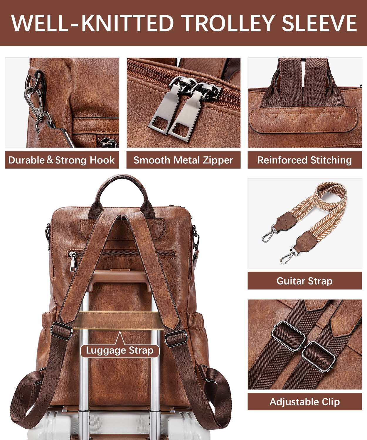BOSTANTEN Leather Laptop Backpack for Women Designer Travel Backpack with Laptop Compartment Ladies Computer Shoulder Bags Brown