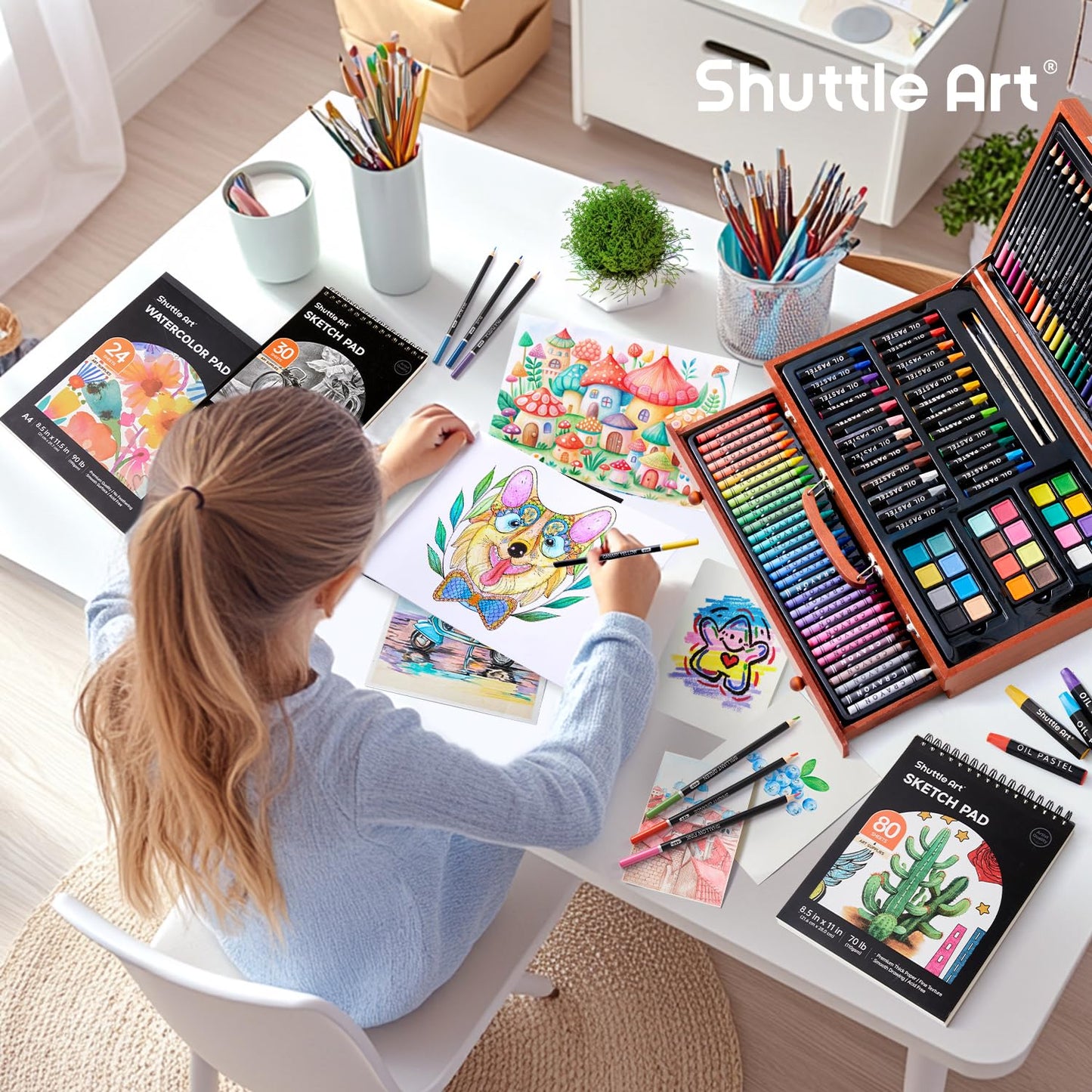 Shuttle Art Deluxe Art Set, 149 Piece Art Supplies in Wooden Case, Painting Drawing Art Kit with Acrylic Paint Pencils Oil Pastels Watercolor Cakes Coloring Book Watercolor Sketch Pad for Kids Adults