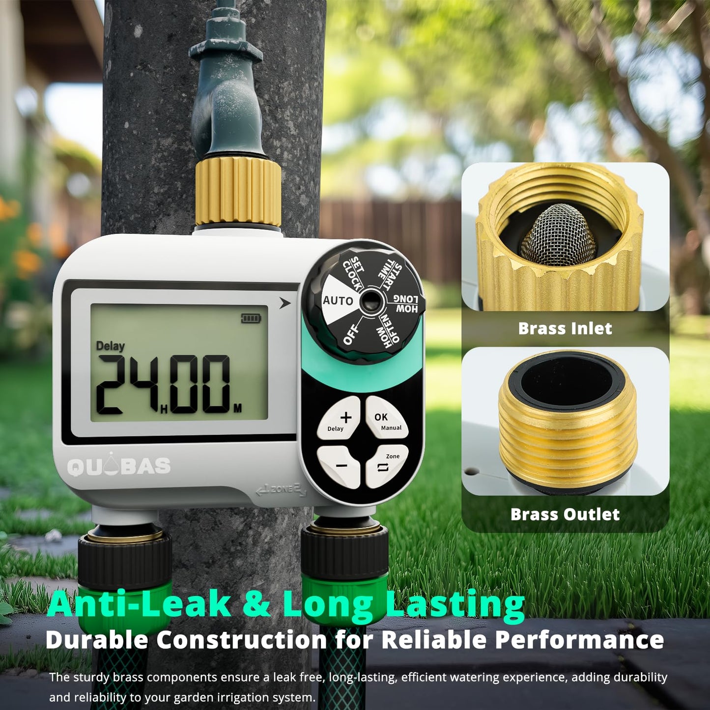 QUOBAS 2 Zone Sprinkler Timer, Programmable Hose Timer with Brass Inlet & Outlet, Water Timer for Garden Hose with Rain Delay/Manual Watering/Automatic Irrigation Controller System for Yard, Lawn