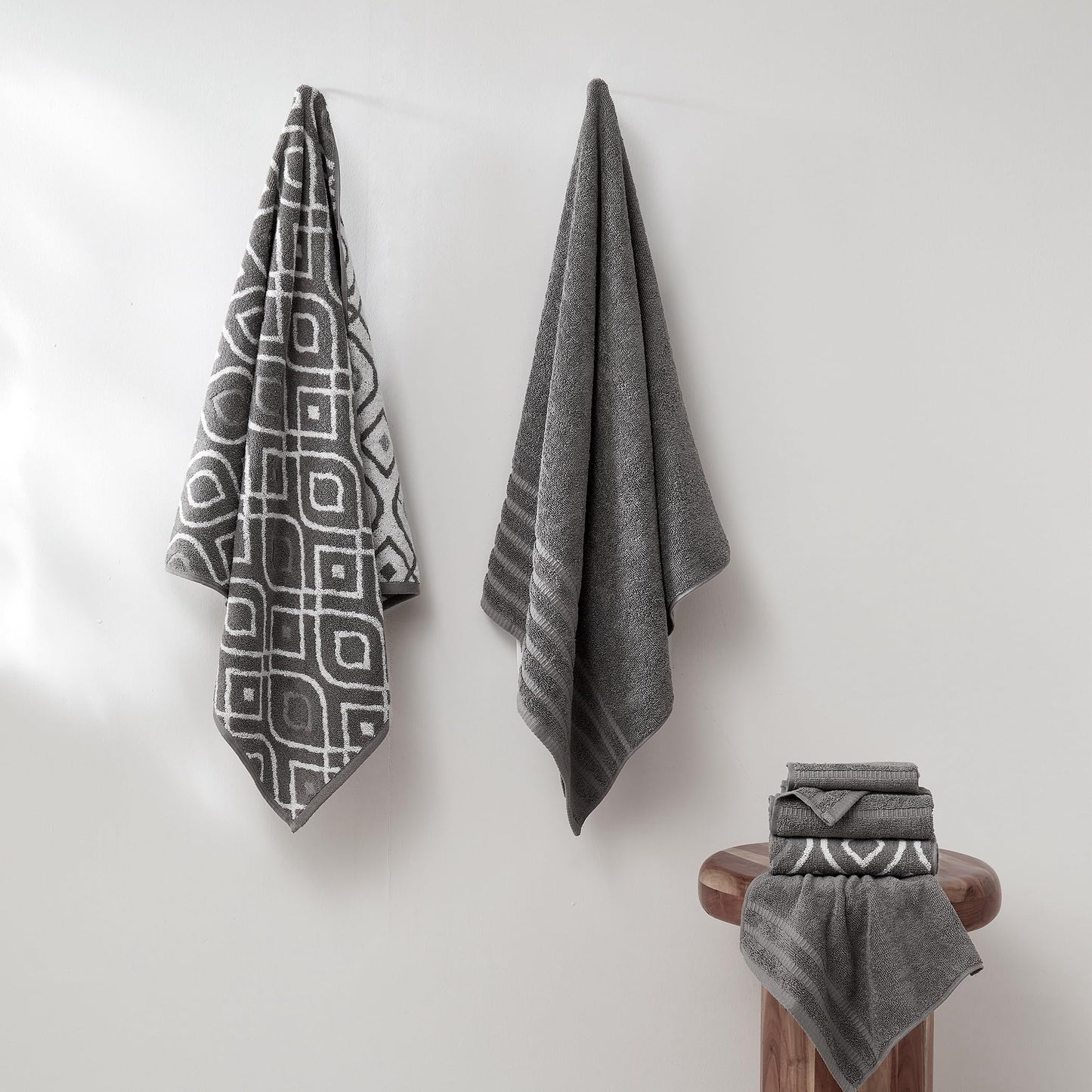 Amrapur Overseas 6-Piece Yarn Dyed Oxford Stripe Jacquard/Solid Ultra Soft 500GSM 100% Combed Cotton Towel Set [Ash Grey]