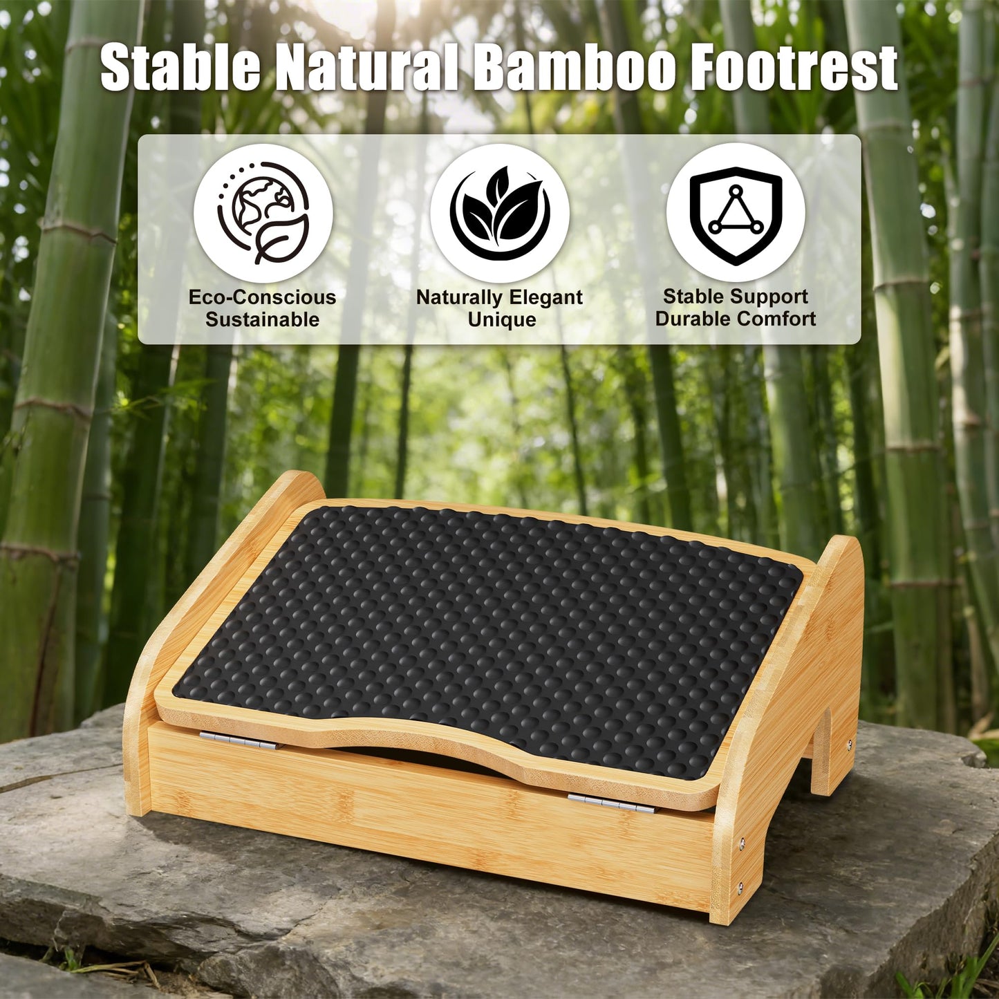 WWMFS Upgraded Under Desk footrest- Bamboo Ergonomic Adjustable Footrest with 3 Height & Angle Settings,Pebble Massage Surface for Improved Posture and Blood Circulation,Home & Office