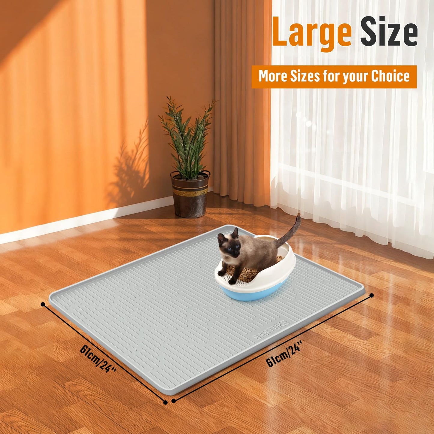 Bartuke Silicone Cat Litter Mat, 24" x 24" Large Cat Litter Box Mat Litter Trapping Mat for Scatter Control, Waterproof, Soft on Kitty Paws, Clean Floor (Grey)
