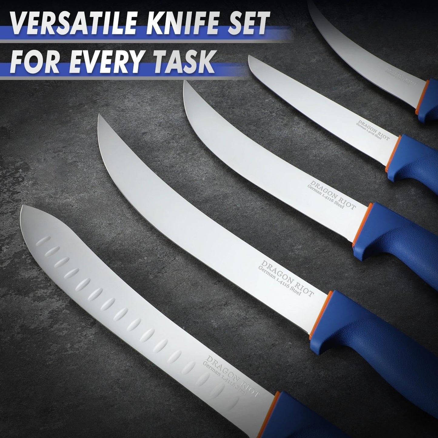 DRAGON RIOT 6 Pcs Butcher Knives Set, Meat Processing Knife Set for Brisket Trimming with German Stainless Steel and Blue Non-Slip Handle,Ideal Christmas Gift for Man and Woman
