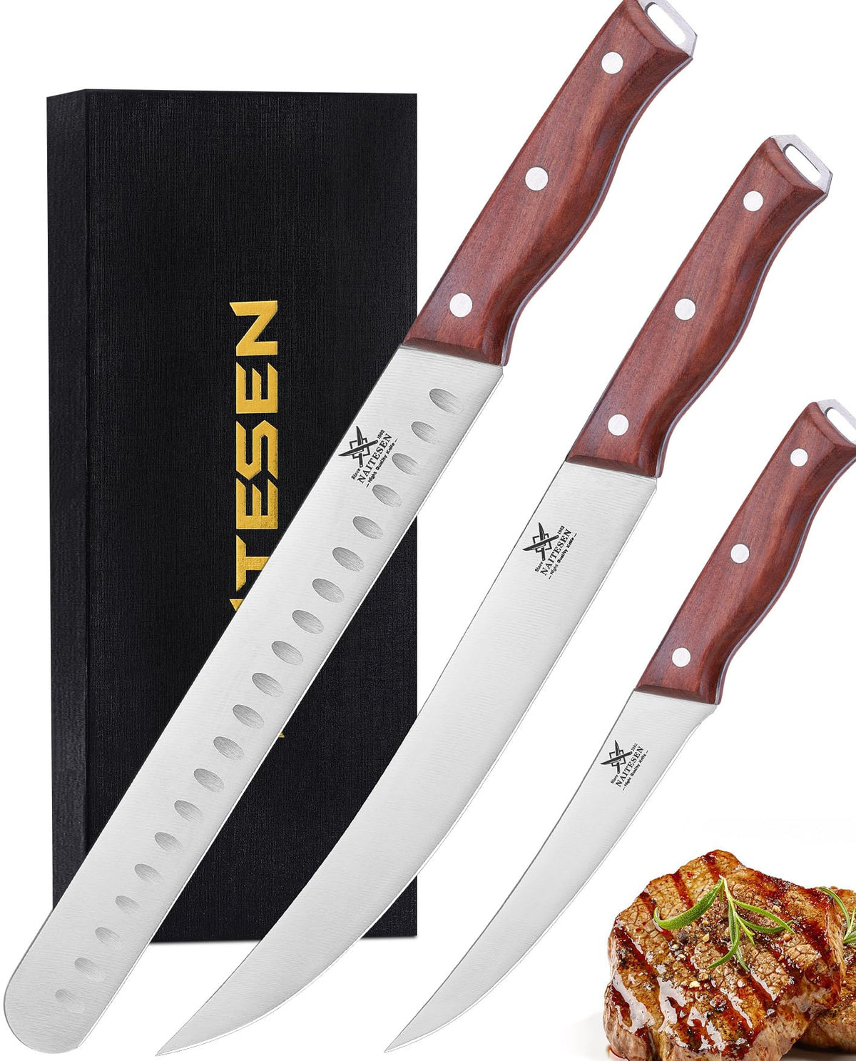 Naitesen 3PCS Professional Meat Knives Set, Butcher Knife, Very Sharp Brisket Carving Knife for BBQ Slicing Cutting Full Tang Rosewood Handle High Carbon Steel, Gifts for Men Women