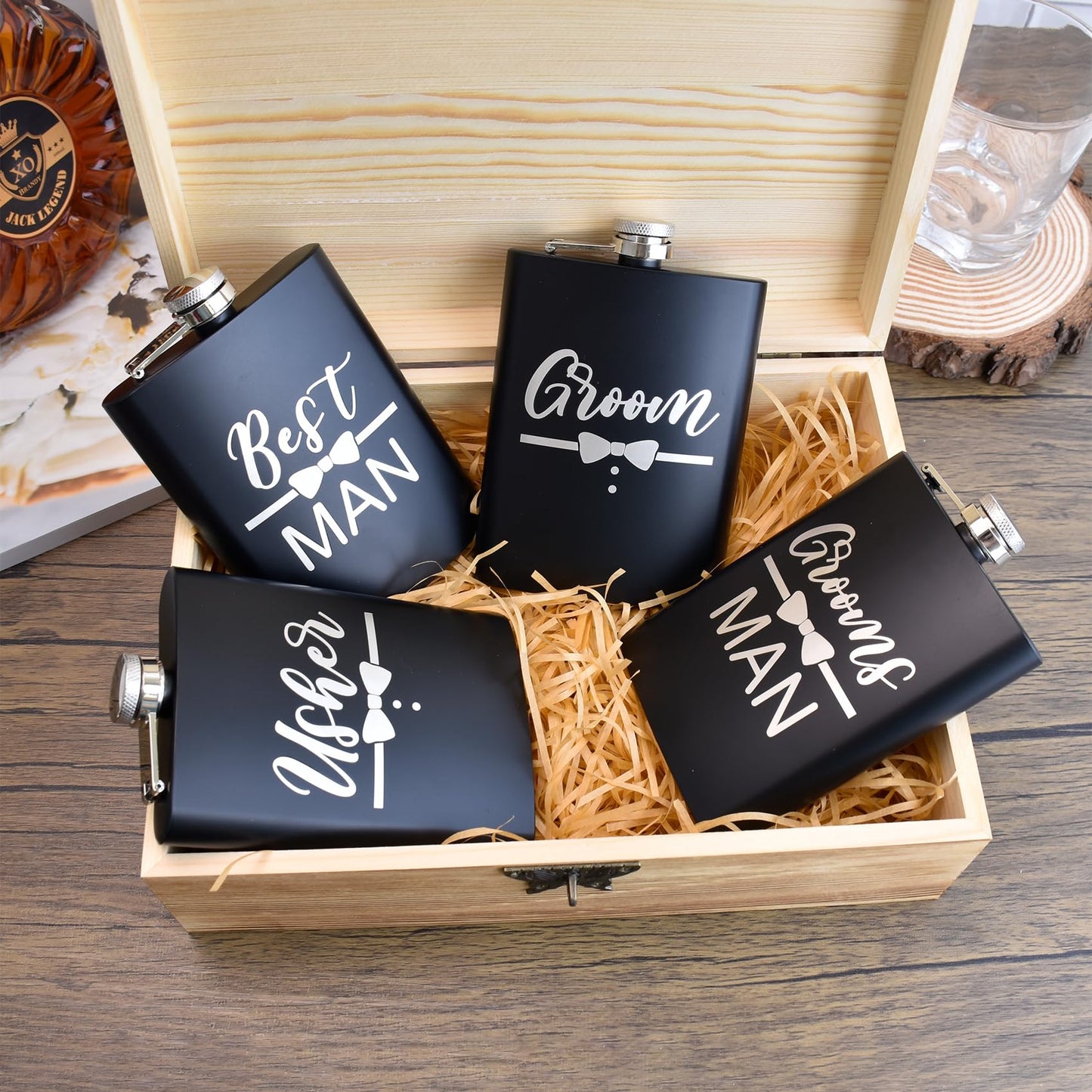 ELEGANTPARK Groomsmen Gifts Set of 6 Best Man Groom Flask Groomsmen Proposal Gift for Wedding Bachelor Party Favors Black Engraved Hip Flask Stainless Steel 8 oz