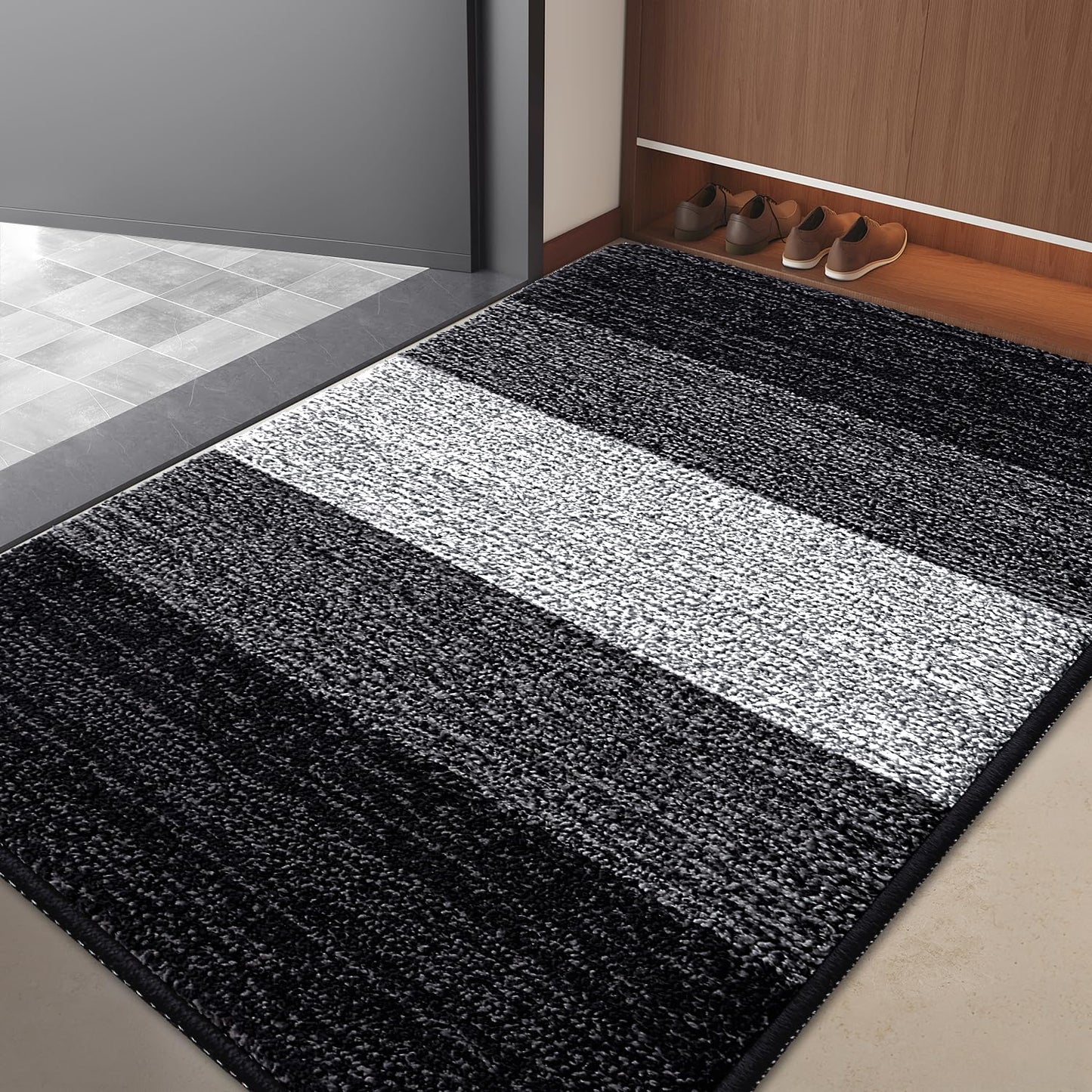 Grandaily Indoor Doormat, 32" x 48" Non-Slip Mud Trapper Absorbent Front Door Mats, Washable Striped Inside Entryway Mat, Low-Profile Welcome Mat Entrance Mat, Black