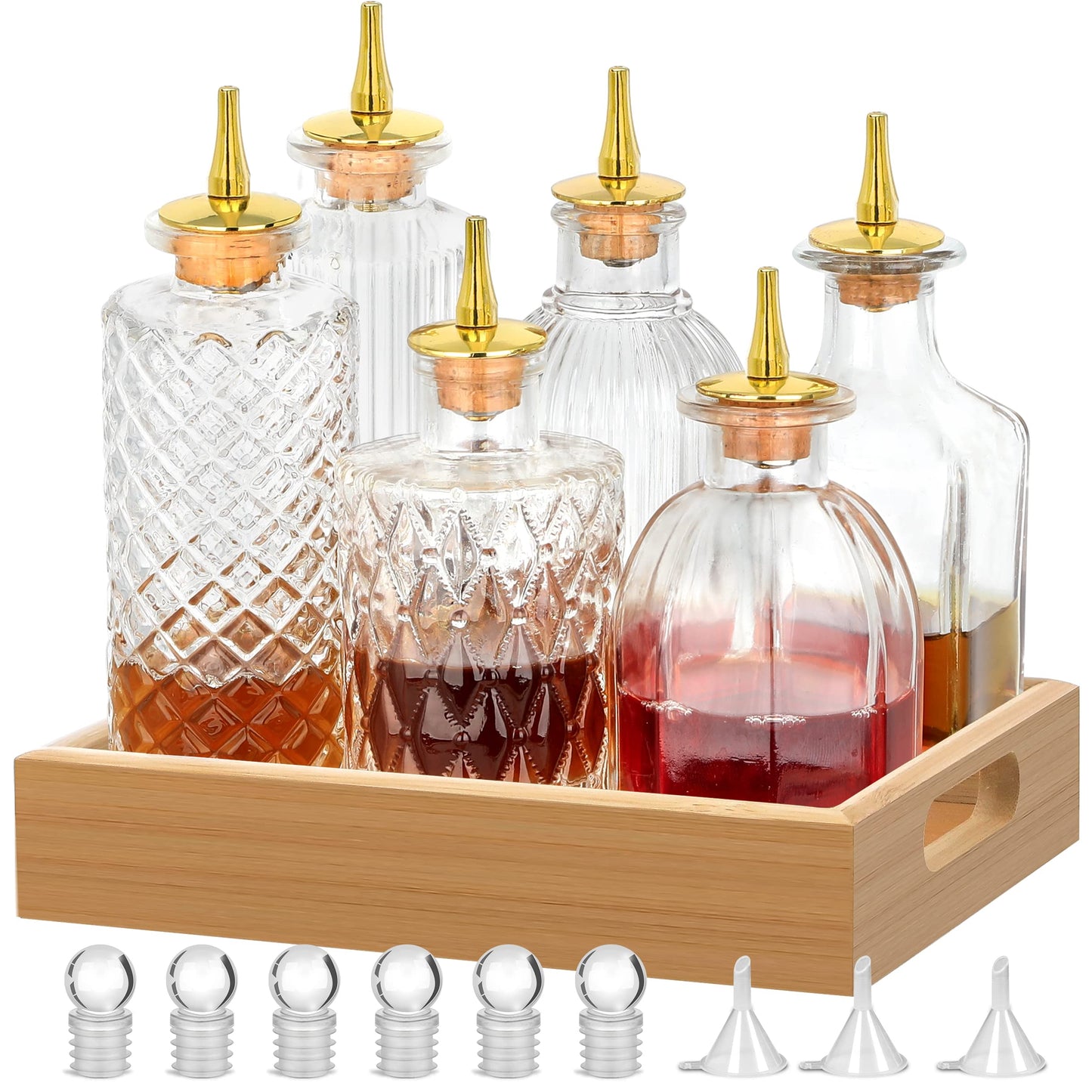 Bitters Bottle Set of 6 - Glass Dasher Bottles to Store and Dash Cocktail Bitter Ingredients Dispenser Bottles with Dash Top and Stoppers with Tray
