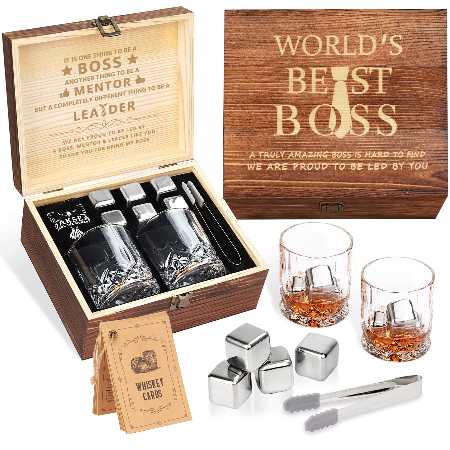 Oaksea Boss Day Gifts for Men Him Christmas, Anniversary Unique Gifts for Him, Birthday Retirement Gift for Boss Men, Stainless Steel Engraved Whiskey Stones Glasses Cool Burbon Scotch Set Gift